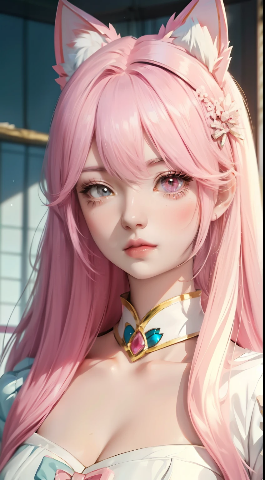 Anime girl pink hair white bow, , Beautiful character painting, , Stunning anime face portrait handsome royal sister cat ears