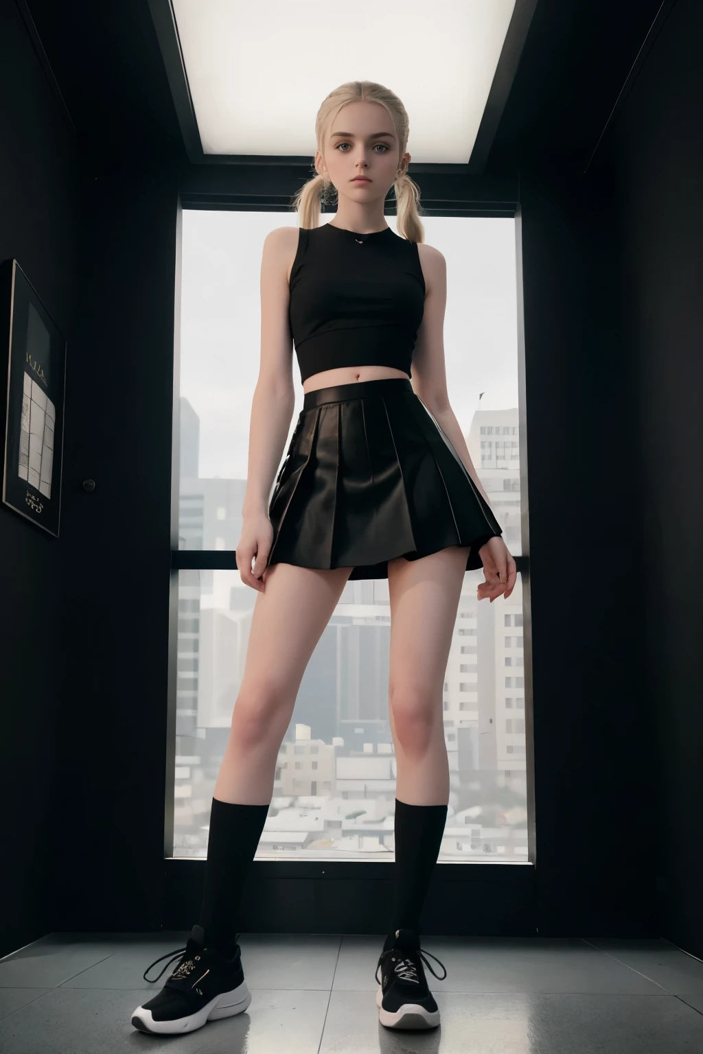 masterpiece, best quality, hyperrealistic, cinematic photo, 14 year old girl, pale skin, American amazing slim body, Tight black top, black mini-skirt, white high-knee socks, Black sneakers, long blonde pony tail, perfect slender legs, wide hips, perfect hands, beautiful face, perfect face, youthful, (blured background), modern style, from below, (low-angle shoot), low_angle_human, towering, (full body shot), standing, underneath shot, (view viewer), looking at viewer,(8k, epic composition, photorealistic, sharp focus), sophisticated background, Outside of an old hotel, night illumination, night, neon lights, DSLR, foil grain, backlight