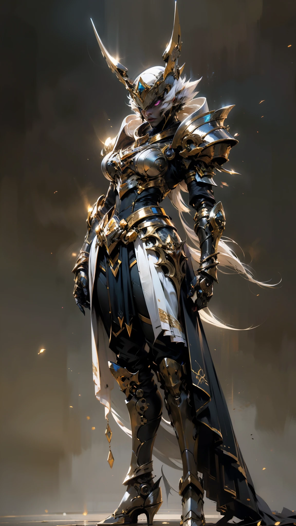 A woman adorned in fantasy-style full-body armor, a crown-concept fully enclosed helmet that unveils only her eyes, a composite layered chest plate, fully encompassing shoulder and hand guards, a lightweight waist armor, form-fitting shin guards, the overall design is heavy-duty yet flexible, (the armor gleams with a golden glow, complemented by red and blue accents), exhibiting a noble aura, she floats above a fantasy-surreal high-tech city, this character embodies a finely crafted fantasy-surreal style armored hero in anime style, exquisite and mature manga art style, (mixture of Queen bee and Spider concept Armor, plasma), ((Element, elegant, goddess, femminine:1.5)), metallic, high definition, best quality, highres, ultra-detailed, ultra-fine painting, extremely delicate, professional, anatomically correct, symmetrical face, extremely detailed eyes and face, high quality eyes, creativity, RAW photo, UHD, 32k, Natural light, cinematic lighting, masterpiece-anatomy-perfect, masterpiece:1.5