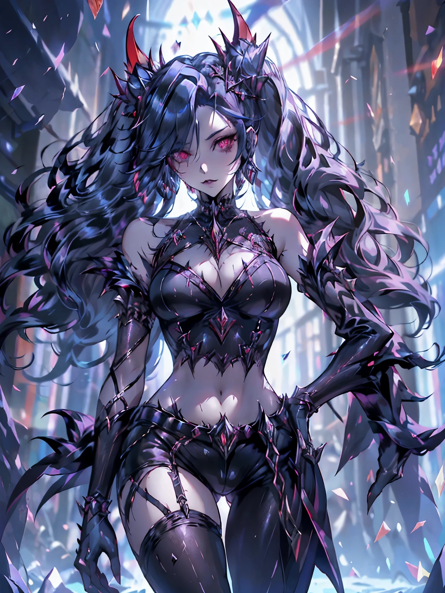 demonic woman with horns and red eyes, succubus, beautiful succubus, beautiful elegant demon queen, demoness, succubus, medieval, dark fantasy style art, queen of darkness, queen of hell, dark fantasy art, in style of dark fantasy art, queen of the underworld, fantasy dark art, cinematic, sfx, dark powers, volumetric lighthting, masterpiece, goddess of death, goth armor, (dynamic fight pose), (magic), serious gaze
