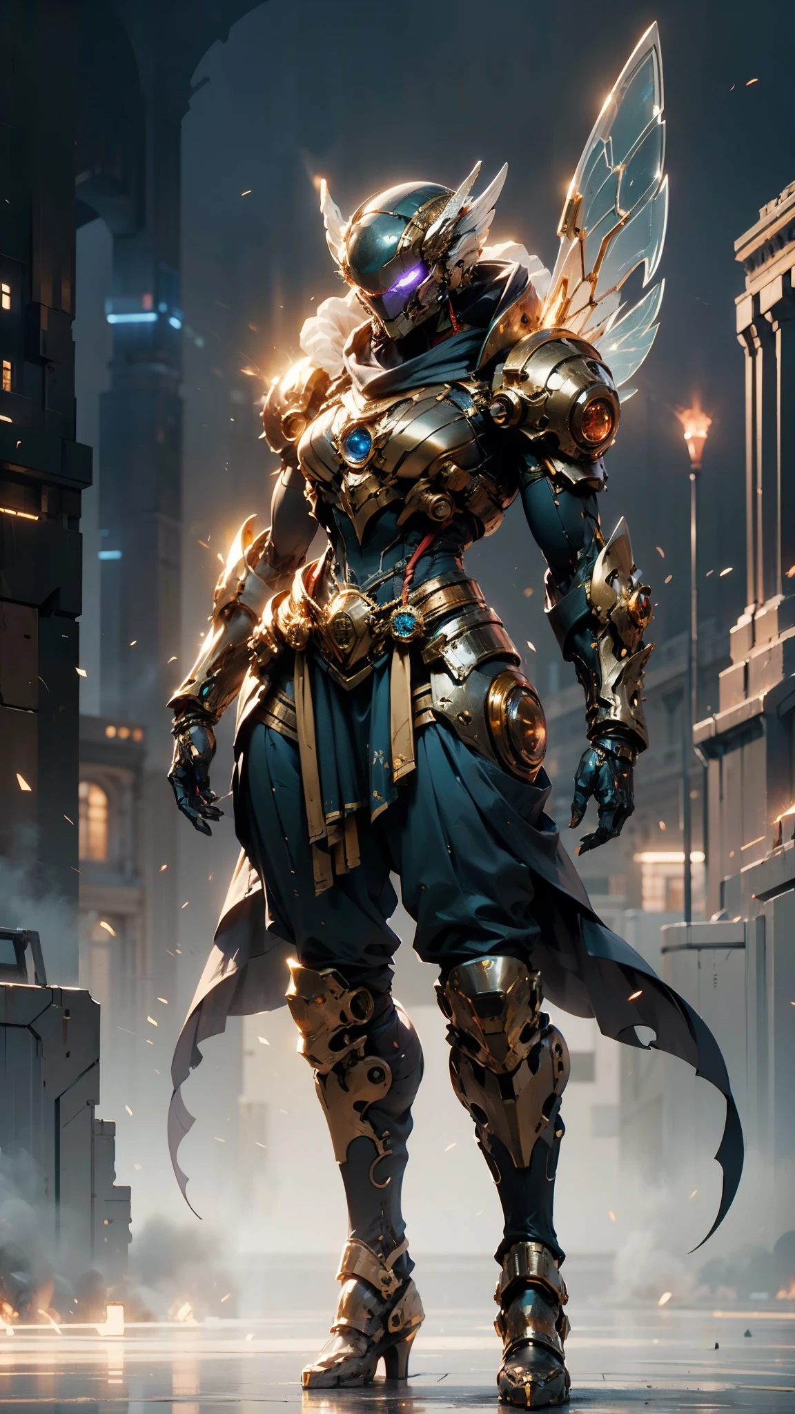 A woman adorned in fantasy-style full-body armor, a crown-concept fully enclosed helmet that unveils only her eyes, a composite layered chest plate, fully encompassing shoulder and hand guards, a lightweight waist armor, form-fitting shin guards, the overall design is heavy-duty yet flexible, (the armor gleams with a golden glow, complemented by red and blue accents), exhibiting a noble aura, she floats above a fantasy-surreal high-tech city, this character embodies a finely crafted fantasy-surreal style armored hero in anime style, exquisite and mature manga art style, (mixture of Queen bee and Spider concept Armor, plasma), ((Element, elegant, goddess, femminine:1.5)), metallic, high definition, best quality, highres, ultra-detailed, ultra-fine painting, extremely delicate, professional, anatomically correct, symmetrical face, extremely detailed eyes and face, high quality eyes, creativity, RAW photo, UHD, 32k, Natural light, cinematic lighting, masterpiece-anatomy-perfect, masterpiece:1.5