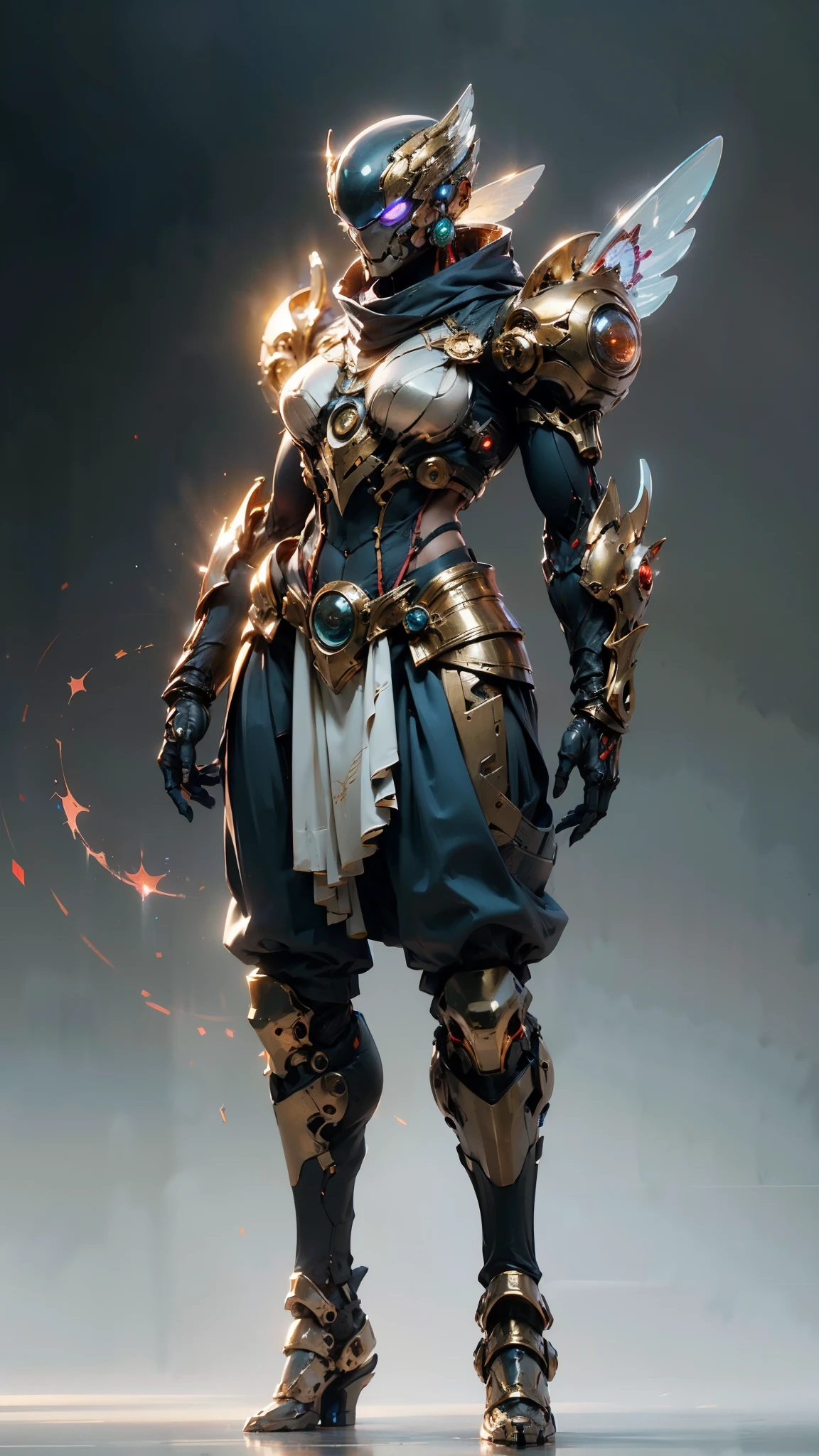 A woman adorned in fantasy-style full-body armor, a crown-concept fully enclosed helmet that unveils only her eyes, a composite layered chest plate, fully encompassing shoulder and hand guards, a lightweight waist armor, form-fitting shin guards, the overall design is heavy-duty yet flexible, (the armor gleams with a golden glow, complemented by red and blue accents), exhibiting a noble aura, she floats above a fantasy-surreal high-tech city, this character embodies a finely crafted fantasy-surreal style armored hero in anime style, exquisite and mature manga art style, (mixture of Queen bee and Spider concept Armor, plasma), ((Element, elegant, goddess, femminine:1.5)), metallic, high definition, best quality, highres, ultra-detailed, ultra-fine painting, extremely delicate, professional, anatomically correct, symmetrical face, extremely detailed eyes and face, high quality eyes, creativity, RAW photo, UHD, 32k, Natural light, cinematic lighting, masterpiece-anatomy-perfect, masterpiece:1.5