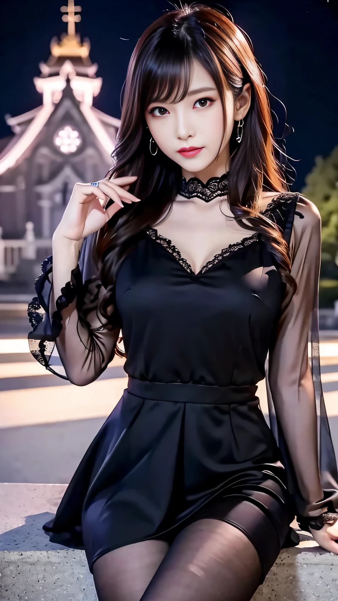 Super detailed、Japanese、charming beauty、seductive adult woman、Beautiful woman、sharp eyes、cool girl、wavy hair、suit、Black chiffon、lace fabric、wide sleeve、wearing a lace insert dress、white blouse、Tight Skirt、flesh colored pantyhose、Lustrous legs、evilの幹部、evil depravity、brainwashing、Mind control、lipstick、grin、evilな表情、evil、empty eyes、evil、church at night、reach out your hand