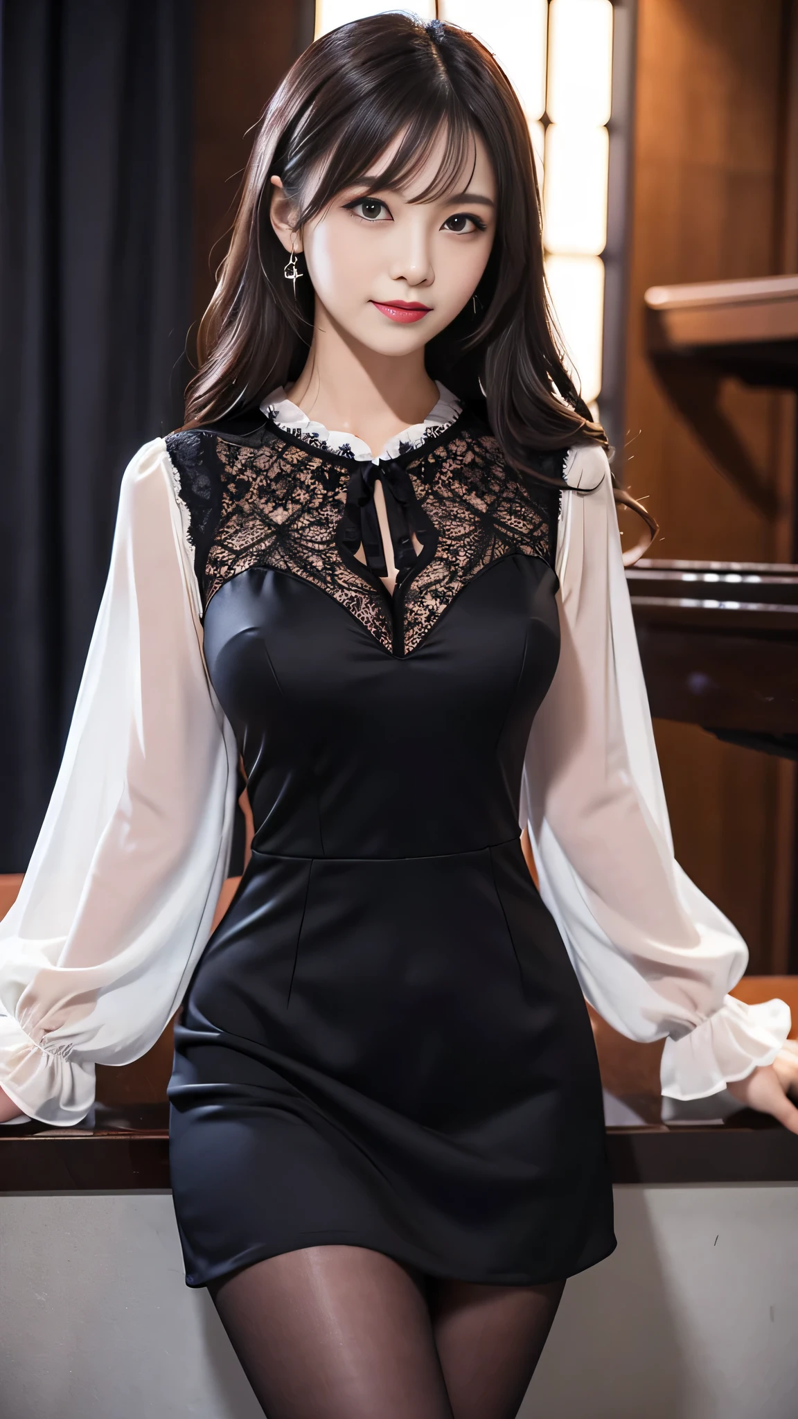 Super detailed、Japanese、charming beauty、seductive adult woman、Beautiful woman、sharp eyes、cool girl、wavy hair、suit、Black chiffon、lace fabric、wide sleeve、wearing a lace insert dress、white blouse、Tight Skirt、flesh colored pantyhose、Lustrous legs、evilの幹部、evil depravity、brainwashing、Mind control、lipstick、grin、evilな表情、evil、empty eyes、evil、church at night、reach out your hand