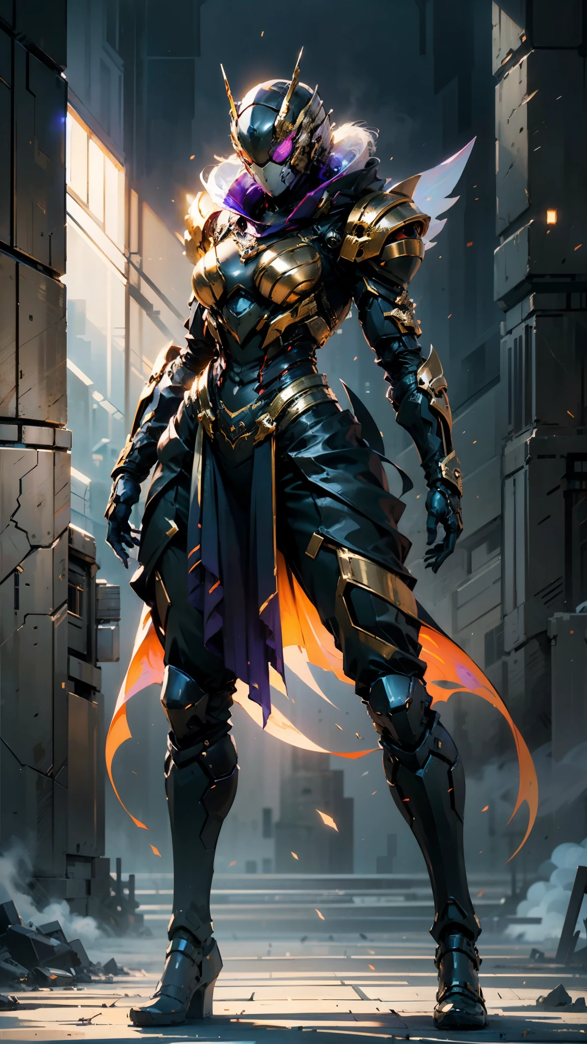 A woman adorned in fantasy-style full-body armor, a crown-concept fully enclosed helmet that unveils only her eyes, a composite layered chest plate, fully encompassing shoulder and hand guards, a lightweight waist armor, form-fitting shin guards, the overall design is heavy-duty yet flexible, (the armor gleams with a golden glow, complemented by red and blue accents), exhibiting a noble aura, she floats above a fantasy-surreal high-tech city, this character embodies a finely crafted fantasy-surreal style armored hero in anime style, exquisite and mature manga art style, (mixture of Queen bee and Spider concept Armor, plasma), ((Element, elegant, goddess, femminine:1.5)), metallic, high definition, best quality, highres, ultra-detailed, ultra-fine painting, extremely delicate, professional, anatomically correct, symmetrical face, extremely detailed eyes and face, high quality eyes, creativity, RAW photo, UHD, 32k, Natural light, cinematic lighting, masterpiece-anatomy-perfect, masterpiece:1.5