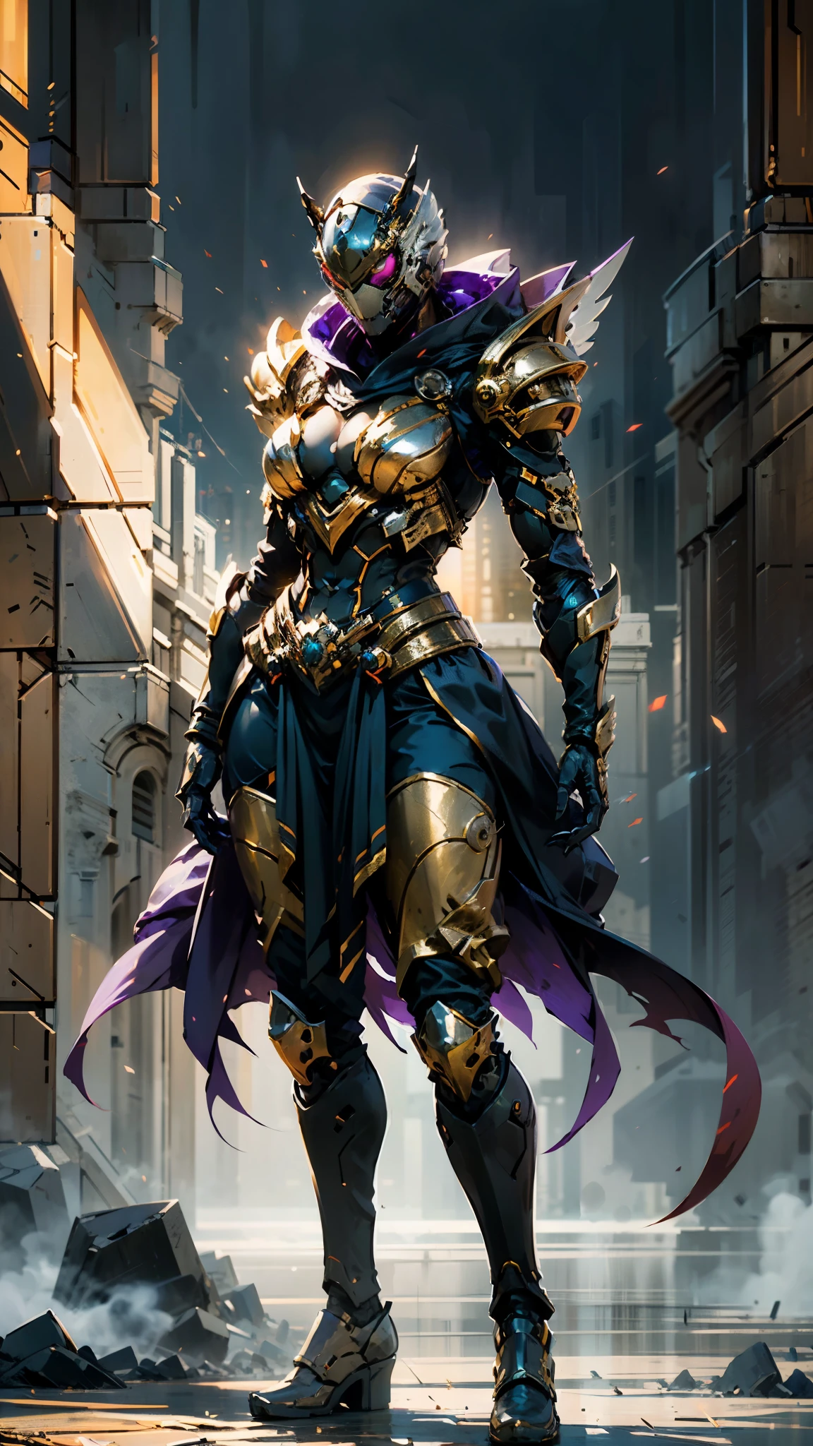 A woman adorned in fantasy-style full-body armor, a crown-concept fully enclosed helmet that unveils only her eyes, a composite layered chest plate, fully encompassing shoulder and hand guards, a lightweight waist armor, form-fitting shin guards, the overall design is heavy-duty yet flexible, (the armor gleams with a golden glow, complemented by red and blue accents), exhibiting a noble aura, she floats above a fantasy-surreal high-tech city, this character embodies a finely crafted fantasy-surreal style armored hero in anime style, exquisite and mature manga art style, (mixture of Queen bee and Spider concept Armor, plasma), ((Element, elegant, goddess, femminine:1.5)), metallic, high definition, best quality, highres, ultra-detailed, ultra-fine painting, extremely delicate, professional, anatomically correct, symmetrical face, extremely detailed eyes and face, high quality eyes, creativity, RAW photo, UHD, 32k, Natural light, cinematic lighting, masterpiece-anatomy-perfect, masterpiece:1.5