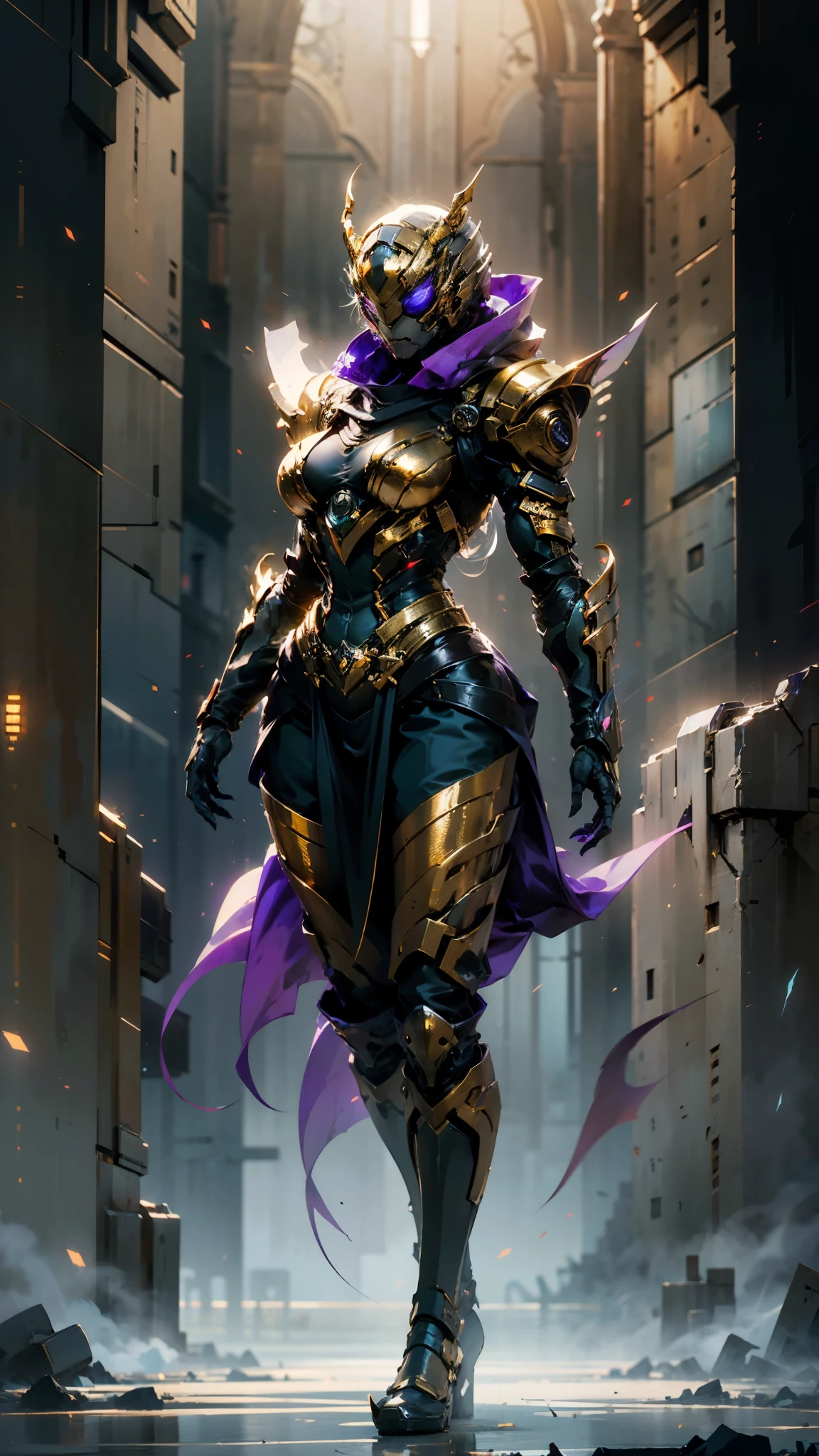 A woman adorned in fantasy-style full-body armor, a crown-concept fully enclosed helmet that unveils only her eyes, a composite layered chest plate, fully encompassing shoulder and hand guards, a lightweight waist armor, form-fitting shin guards, the overall design is heavy-duty yet flexible, (the armor gleams with a golden glow, complemented by red and blue accents), exhibiting a noble aura, she floats above a fantasy-surreal high-tech city, this character embodies a finely crafted fantasy-surreal style armored hero in anime style, exquisite and mature manga art style, (mixture of Queen bee and Spider concept Armor, plasma), ((Element, elegant, goddess, femminine:1.5)), metallic, high definition, best quality, highres, ultra-detailed, ultra-fine painting, extremely delicate, professional, anatomically correct, symmetrical face, extremely detailed eyes and face, high quality eyes, creativity, RAW photo, UHD, 32k, Natural light, cinematic lighting, masterpiece-anatomy-perfect, masterpiece:1.5