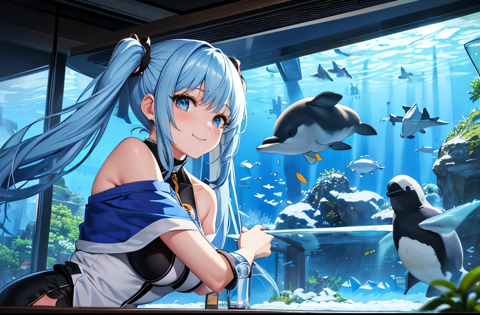 High resolution, Shadow, disorganized, Highest_quality, Huge glass aquarium、ultra_be familiar with, 8K, very_clear, photograph, beautiful, sharp focus, HDR,splash art、Long, light blue hair with a large center part、Beautiful girl with twin tails、adorable smile、There are dolphins and penguins