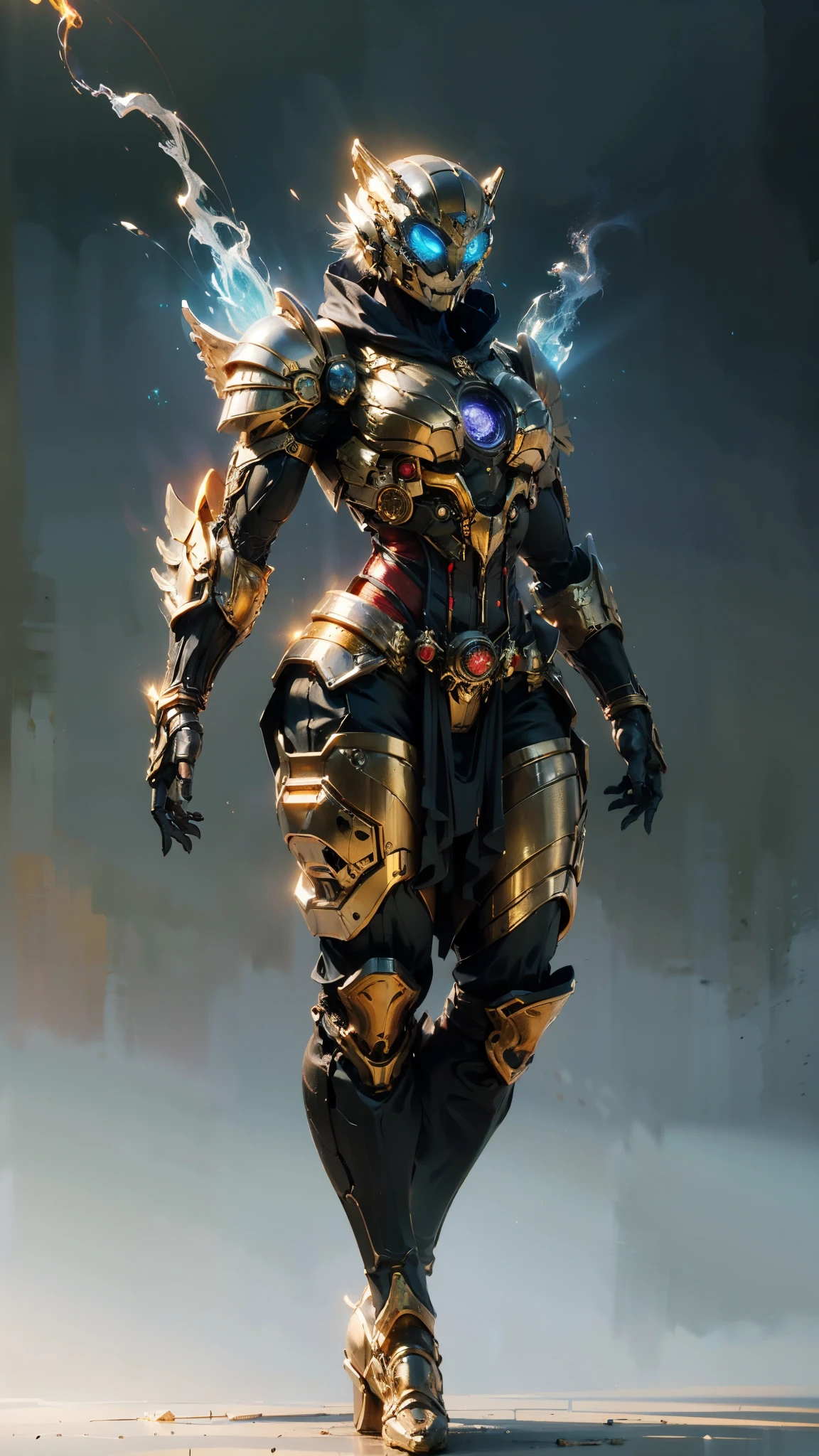 A woman adorned in fantasy-style full-body armor, a crown-concept fully enclosed helmet that unveils only her eyes, a composite layered chest plate, fully encompassing shoulder and hand guards, a lightweight waist armor, form-fitting shin guards, the overall design is heavy-duty yet flexible, (the armor gleams with a golden glow, complemented by red and blue accents), exhibiting a noble aura, she floats above a fantasy-surreal high-tech city, this character embodies a finely crafted fantasy-surreal style armored hero in anime style, exquisite and mature manga art style, (mixture of Queen bee and Spider concept Armor, plasma), ((Element, elegant, goddess, femminine:1.5)), metallic, high definition, best quality, highres, ultra-detailed, ultra-fine painting, extremely delicate, professional, anatomically correct, symmetrical face, extremely detailed eyes and face, high quality eyes, creativity, RAW photo, UHD, 32k, Natural light, cinematic lighting, masterpiece-anatomy-perfect, masterpiece:1.5