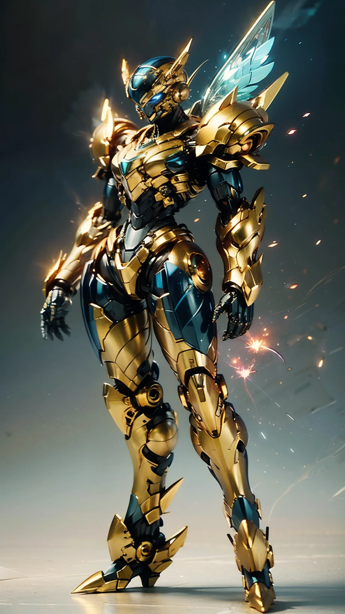 A woman adorned in fantasy-style full-body armor, a crown-concept fully enclosed helmet that unveils only her eyes, a composite layered chest plate, fully encompassing shoulder and hand guards, a lightweight waist armor, form-fitting shin guards, the overall design is heavy-duty yet flexible, (the armor gleams with a golden glow, complemented by red and blue accents), exhibiting a noble aura, she floats above a fantasy-surreal high-tech city, this character embodies a finely crafted fantasy-surreal style armored hero in anime style, exquisite and mature manga art style, (mixture of Queen bee and Spider concept Armor, plasma), ((Element, elegant, goddess, femminine:1.5)), metallic, high definition, best quality, highres, ultra-detailed, ultra-fine painting, extremely delicate, professional, anatomically correct, symmetrical face, extremely detailed eyes and face, high quality eyes, creativity, RAW photo, UHD, 32k, Natural light, cinematic lighting, masterpiece-anatomy-perfect, masterpiece:1.5