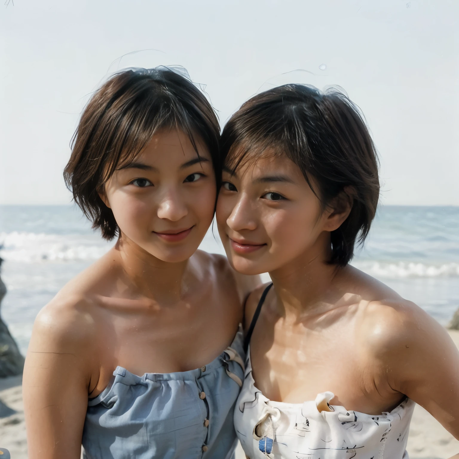 two girls kissing,  Classmate, French kiss, , 14, Upper body, Japanese, ************, realistic, beautiful and detailed face, viewer, simple background,,  smile。summer dress, short hair,  beach, hair scrunchie, low contrast, highest quality, ultra high resolution, photo-realistic, super detailed, 8k, RAW photo,