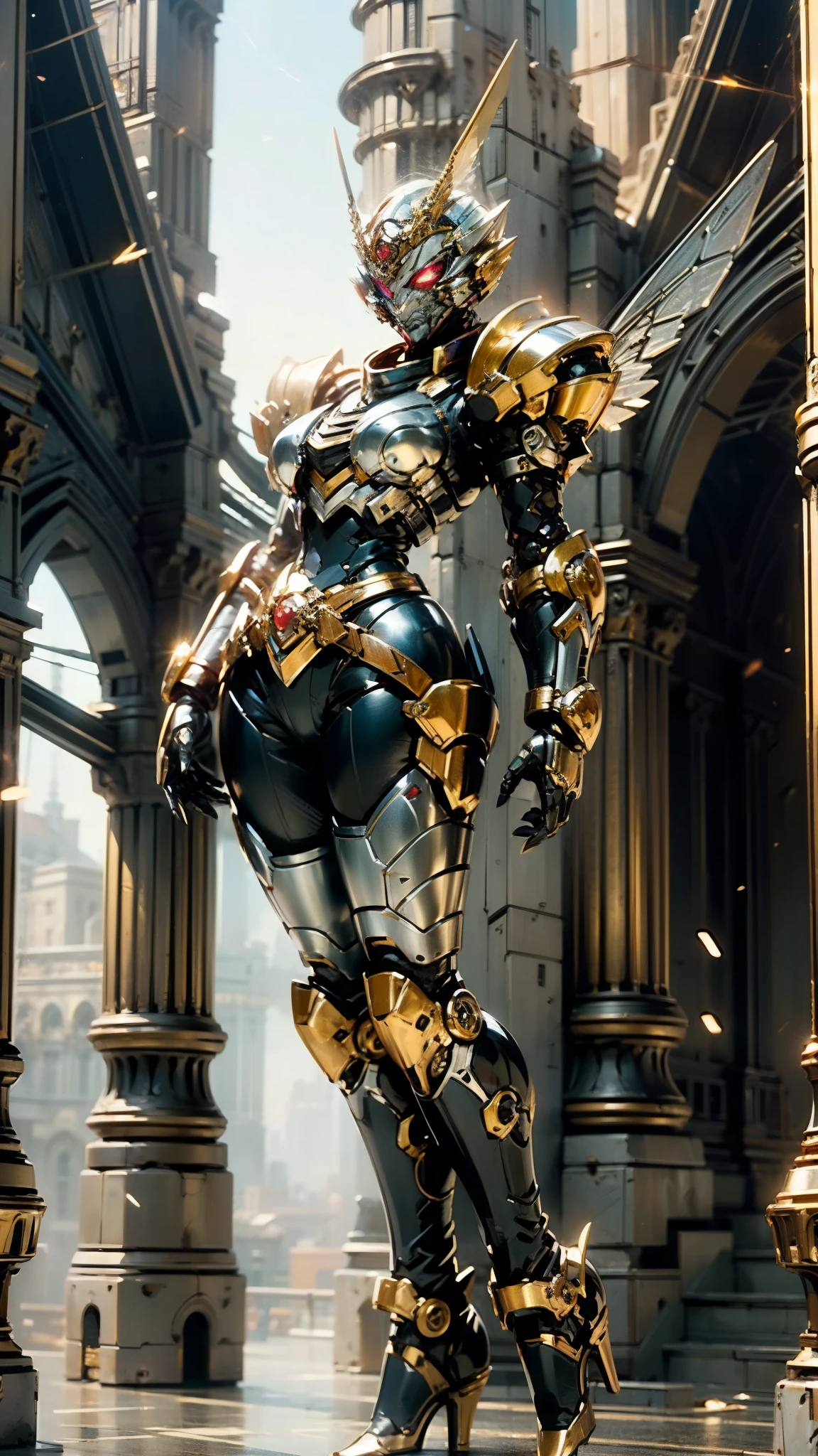 A woman adorned in fantasy-style full-body armor, a crown-concept fully enclosed helmet that unveils only her eyes, a composite layered chest plate, fully encompassing shoulder and hand guards, a lightweight waist armor, form-fitting shin guards, the overall design is heavy-duty yet flexible, (the armor gleams with a golden glow, complemented by red and blue accents), exhibiting a noble aura, she floats above a fantasy-surreal high-tech city, this character embodies a finely crafted fantasy-surreal style armored hero in anime style, exquisite and mature manga art style, (mixture of Queen bee and Spider concept Armor, plasma), ((Element, elegant, goddess, femminine:1.5)), metallic, high definition, best quality, highres, ultra-detailed, ultra-fine painting, extremely delicate, professional, anatomically correct, symmetrical face, extremely detailed eyes and face, high quality eyes, creativity, RAW photo, UHD, 32k, Natural light, cinematic lighting, masterpiece-anatomy-perfect, masterpiece:1.5