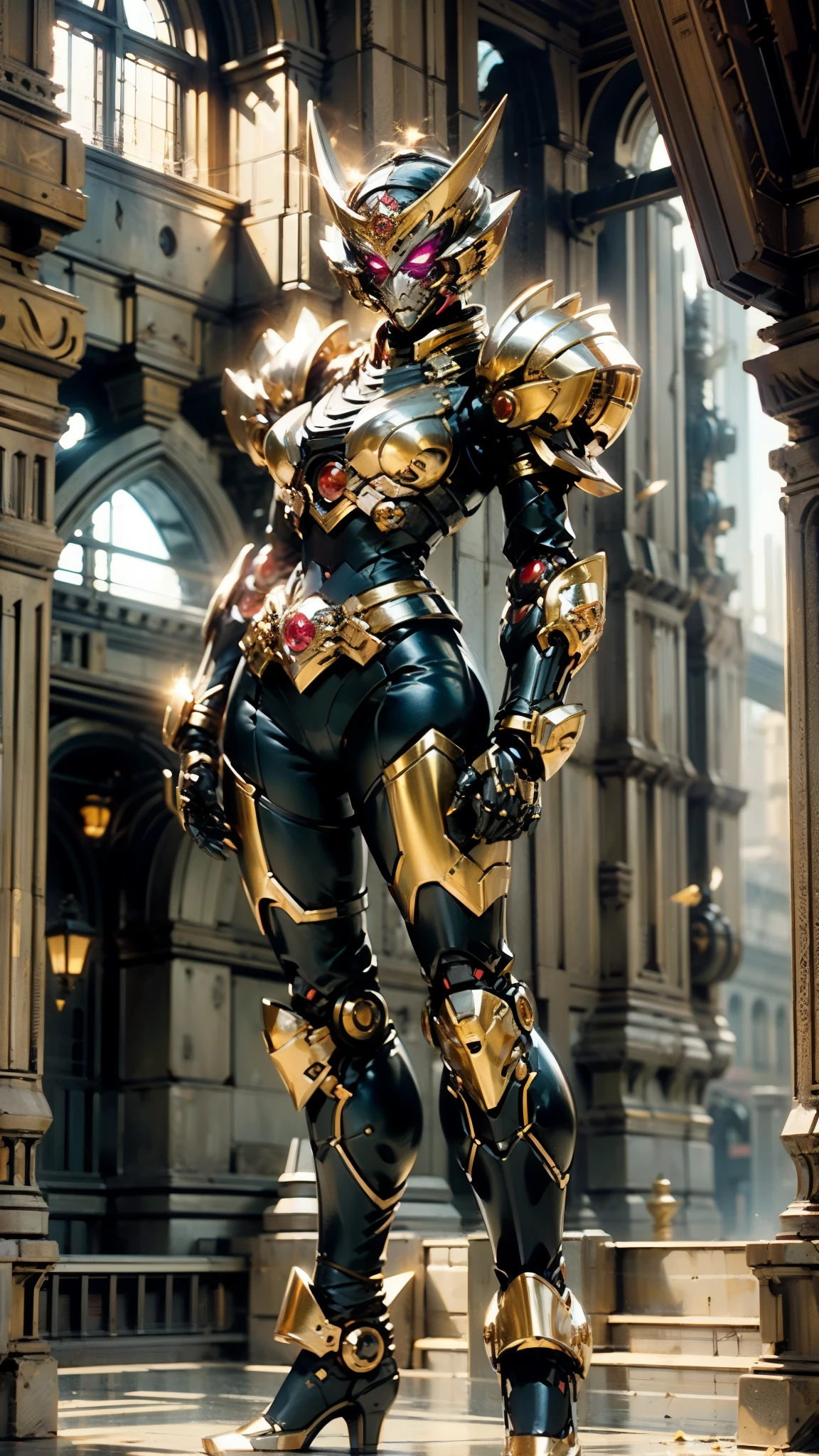 A woman adorned in fantasy-style full-body armor, a crown-concept fully enclosed helmet that unveils only her eyes, a composite layered chest plate, fully encompassing shoulder and hand guards, a lightweight waist armor, form-fitting shin guards, the overall design is heavy-duty yet flexible, (the armor gleams with a golden glow, complemented by red and blue accents), exhibiting a noble aura, she floats above a fantasy-surreal high-tech city, this character embodies a finely crafted fantasy-surreal style armored hero in anime style, exquisite and mature manga art style, (mixture of Queen bee and Spider concept Armor, plasma), ((Element, elegant, goddess, femminine:1.5)), metallic, high definition, best quality, highres, ultra-detailed, ultra-fine painting, extremely delicate, professional, anatomically correct, symmetrical face, extremely detailed eyes and face, high quality eyes, creativity, RAW photo, UHD, 32k, Natural light, cinematic lighting, masterpiece-anatomy-perfect, masterpiece:1.5