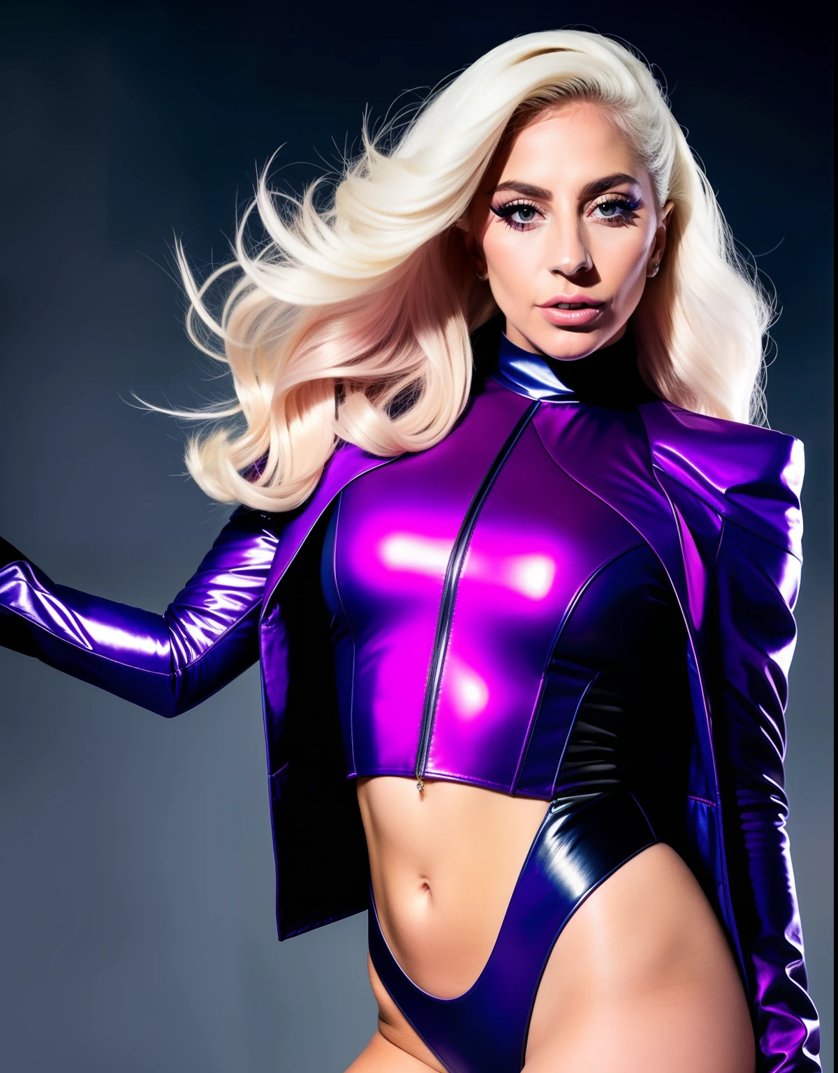 Lady GaGa traje de los xmen,CUERPO COMPLETO,textura 4K, cabello largo, calidad alta, cuerpo completo,varias poses corporales,rostro realista en 8k,peinado extravagante, Original album cover, imagen 8k, futurista, alta calidad de imagen, en la noche, accesorios en el cabello, imagen 8k, rostro realista en alta calidad, cuerpo completo, diferentes poses corporales, alta calidad en el rostro, rasgos definidos,HD, rostro realista y definido 4k, dramatic poses