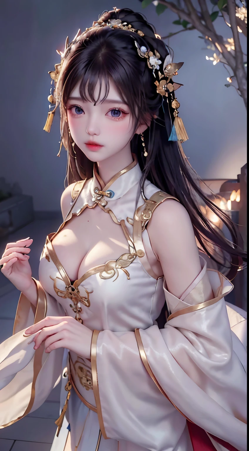 teen girl 14 yeard old,Ancient costumes with Hanfu open V-chested clothes ,Flawless white and pink face,Ornaments on the head,Black hair waist-length,very beautiful and sharp brown eyes,Small red lips,Colored lips,Enchanted smile,Jewelry worn around the neck,耳Nipple Ring,White uniform teeth,tall nose bridge,big round breasts, slenderlegs,thin mesh black socks,sportrait,most realistic,HighestQuali,best pixels,8K Ultra,high detal,8K分辨率,超高分辨率,A young girl, a cute girl,short detailed hair,hair-bun,lipsticks,Tassel earrings,choker necklace,Black clear eyes,Smooth hair,鎖骨,Delicate and perfect facial features, the most beautiful big eyes,Long eyelashes,The eyes are sweet and there are lying silkworms,dynamic angle,extreme picture quality,Highest precision,Precise and perfect human anatomy,(((Professional Dress,Slim Republic of China cheongsam,Crimson gold embroidery))),((sitted)),Warm scene,超高分辨率,Ultra-clear Chinese antique style black flowing hair with a delicate bun)By bangs,(Long flowing hair,With a bun:1.3)), open V-chested clothes royal, Wet body of thin silk fabric, Thin silk lace dress, (huge ,cleavage),, white pink, blue ,best qualtiy,tmasterpiece,超高分辨率,(真实感:1.4),RAW photogr,(True skin texture:1.3),(filmgrain:1.3),(Selfie angle),1个Giant Breast Girl,Beautiful eye and face details,tmasterpiece,Best quality at best,,The chest more exposed, detailed hair, bra pink , detail 8k, upper body,,Delicate collarbones,beautiful make up,Exquisite and perfect facial features,,Big watery eyes,Lying silkworm,Long eyelashes,The eyes are sweet and have eye shadow,Slim waist,Do not show your hands,,lipsticks,Blushlush,Delicate earring earrings
