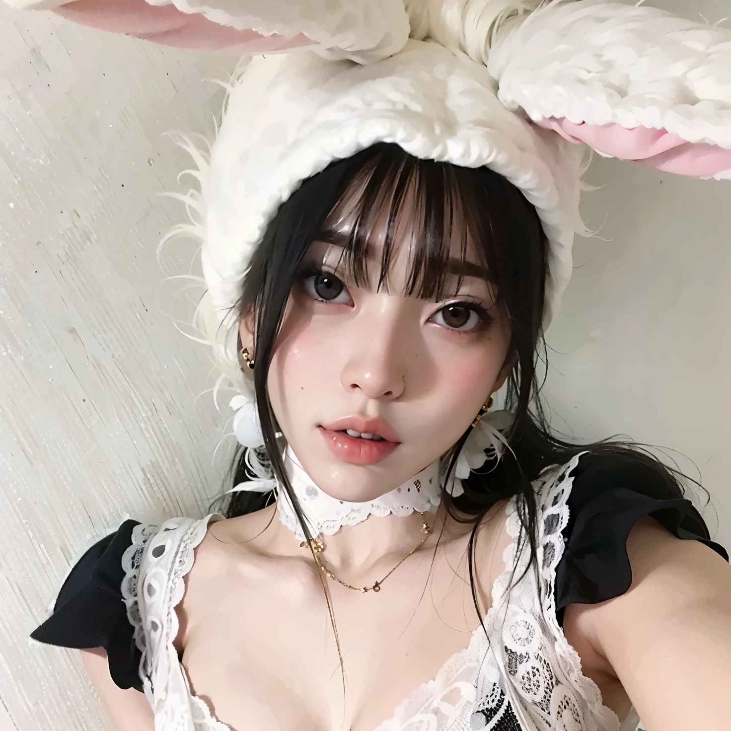a close-up of a woman wearing a white hat and veil, com orelhas de coelho, Shikami, com orelhas de coelho grandes, anime na vida real, Yoshitomo Nara, ultrarrealista doce coelhinho meninamichan, with long floppy rabbit ears, linda Delphine, Xintong Chen, menina bonit-cara