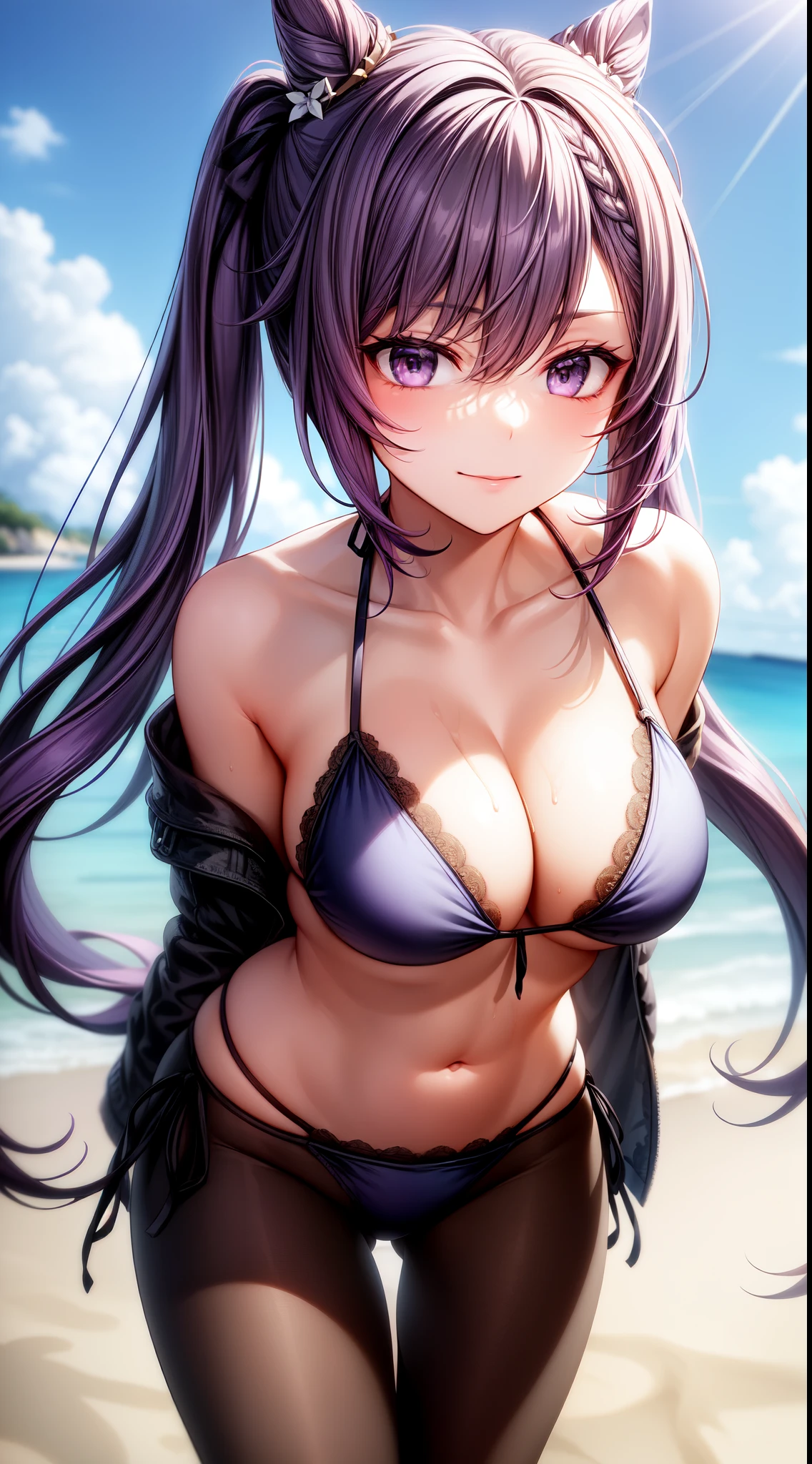 anime, beautiful face, highly detailed face, (2 accurate legs:1), purple detailed eyes, highly detailed beach background, perfect lighting, best lighting, (no shadows:1.2), 1girl, solo, outdoors, genshin impact, keqing, (beautiful purple hair:1.2), absurdres, high res, ultrasharp, 8K, masterpiece, looking at viewer, teasing smile, facial expressions full of love, BREAK (detailed sexy beach bikini:1.4), (all intricate lace:1.2), sexy pose, arching back, (extremely close up:1.3)