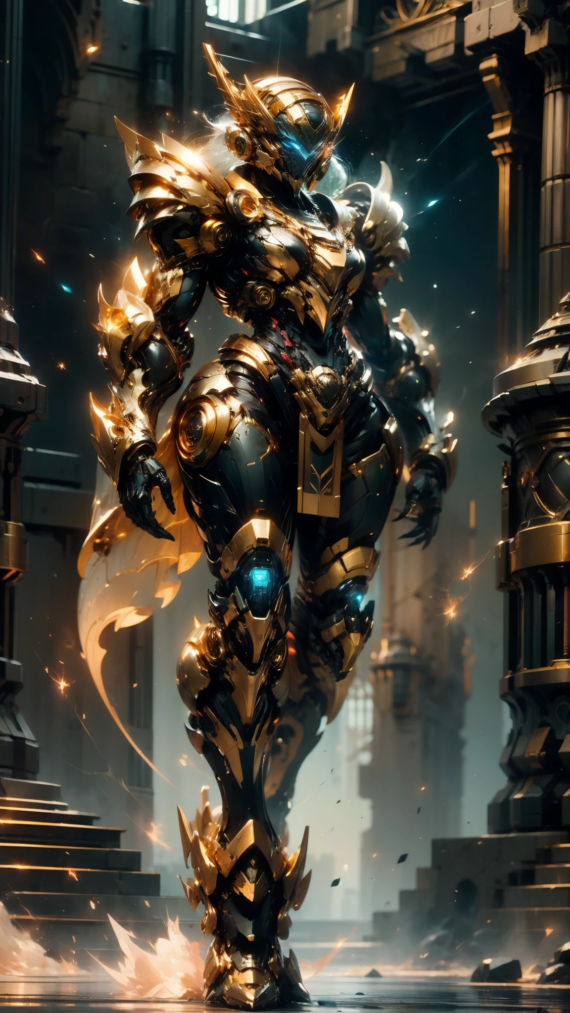 A woman adorned in fantasy-style full-body armor, a crown-concept fully enclosed helmet that unveils only her eyes, a composite layered chest plate, fully encompassing shoulder and hand guards, a lightweight waist armor, form-fitting shin guards, the overall design is heavy-duty yet flexible, (the armor gleams with a golden glow, complemented by red and blue accents), exhibiting a noble aura, she floats above a fantasy-surreal high-tech city, this character embodies a finely crafted fantasy-surreal style armored hero in anime style, exquisite and mature manga art style, (mixture of Queen bee and Spider concept Armor, plasma), ((Element, elegant, goddess, femminine:1.5)), metallic, high definition, best quality, highres, ultra-detailed, ultra-fine painting, extremely delicate, professional, anatomically correct, symmetrical face, extremely detailed eyes and face, high quality eyes, creativity, RAW photo, UHD, 32k, Natural light, cinematic lighting, masterpiece-anatomy-perfect, masterpiece:1.5