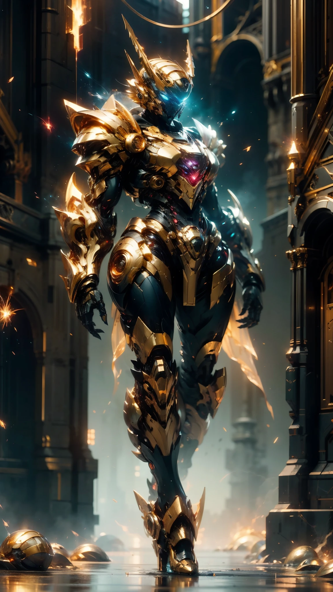 A woman adorned in fantasy-style full-body armor, a crown-concept fully enclosed helmet that unveils only her eyes, a composite layered chest plate, fully encompassing shoulder and hand guards, a lightweight waist armor, form-fitting shin guards, the overall design is heavy-duty yet flexible, (the armor gleams with a golden glow, complemented by red and blue accents), exhibiting a noble aura, she floats above a fantasy-surreal high-tech city, this character embodies a finely crafted fantasy-surreal style armored hero in anime style, exquisite and mature manga art style, (mixture of Queen bee and Spider concept Armor, plasma), ((Element, elegant, goddess, femminine:1.5)), metallic, high definition, best quality, highres, ultra-detailed, ultra-fine painting, extremely delicate, professional, anatomically correct, symmetrical face, extremely detailed eyes and face, high quality eyes, creativity, RAW photo, UHD, 32k, Natural light, cinematic lighting, masterpiece-anatomy-perfect, masterpiece:1.5