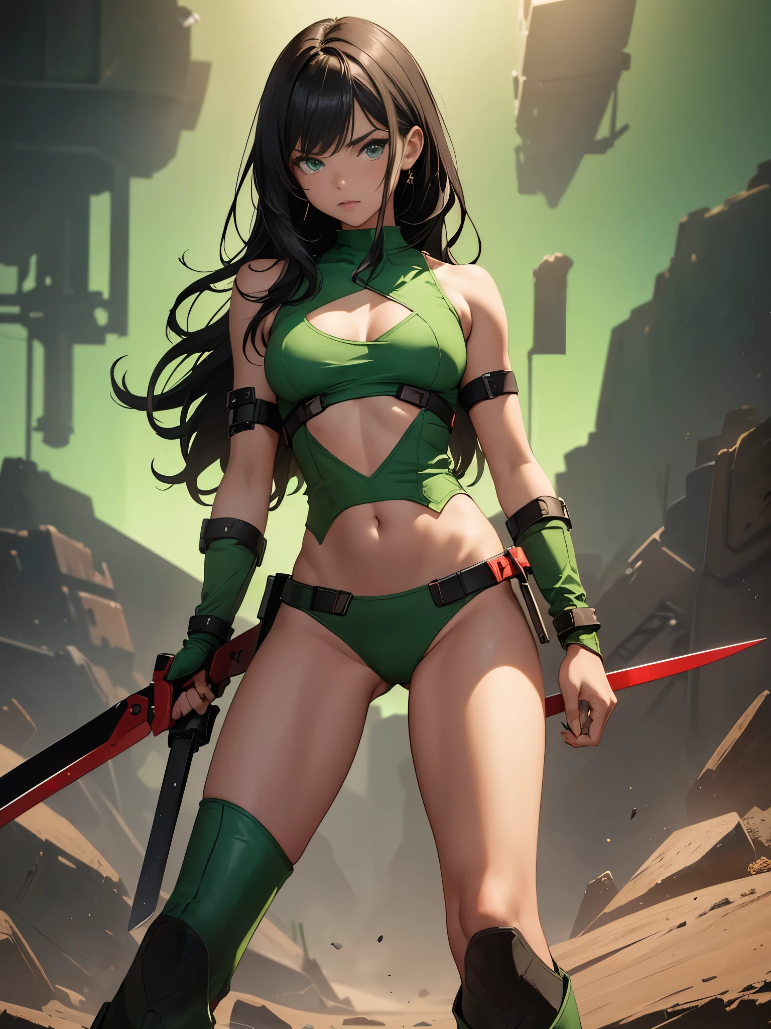 1girl, medium breasts, leotard, green leotard with red accents, sleeveless, midriff, bare legs, boots, matching boots, bracelets, mars backdrop, solo, single, standing, full body shot, cowboy shot, beautiful detailed eyes, black hair, medium hair, superhero, barbarian, using broad sword in hand
