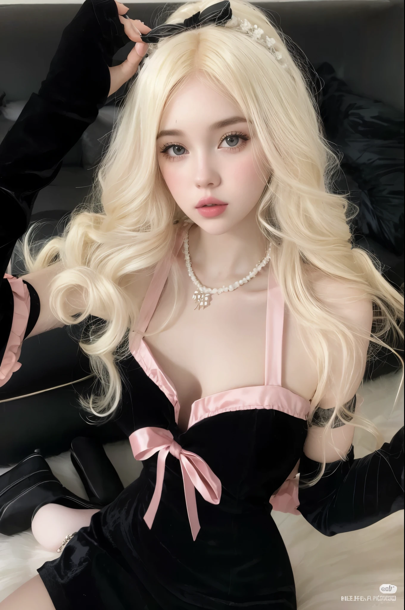 un primer plano de una mujer con un vestido negro y un vestido rosa, dulce conejita ultrarrealista, bella delfina, ava max, pale skin curly blonde hair, amoranto, chica perfecta de pelo blanco, con pelo largo y rubio, animated barbie doll, pale porcelain white skin, tifa lockhart con el pelo blanco, diosa rubia, con pelo largo y blanco