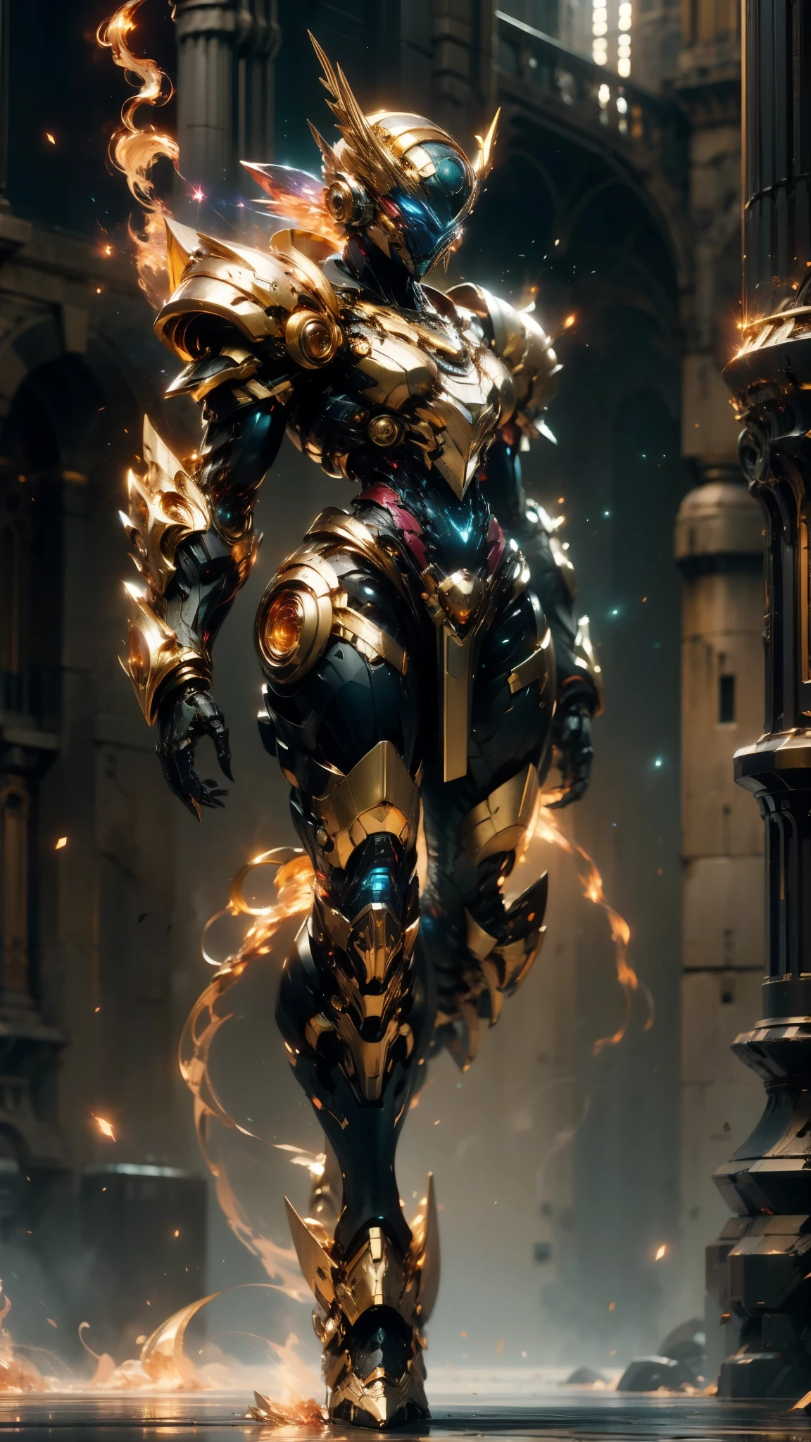 A woman adorned in fantasy-style full-body armor, a crown-concept fully enclosed helmet that unveils only her eyes, a composite layered chest plate, fully encompassing shoulder and hand guards, a lightweight waist armor, form-fitting shin guards, the overall design is heavy-duty yet flexible, (the armor gleams with a golden glow, complemented by red and blue accents), exhibiting a noble aura, she floats above a fantasy-surreal high-tech city, this character embodies a finely crafted fantasy-surreal style armored hero in anime style, exquisite and mature manga art style, (mixture of Queen bee and Spider concept Armor, plasma), ((Element, elegant, goddess, femminine:1.5)), metallic, high definition, best quality, highres, ultra-detailed, ultra-fine painting, extremely delicate, professional, anatomically correct, symmetrical face, extremely detailed eyes and face, high quality eyes, creativity, RAW photo, UHD, 32k, Natural light, cinematic lighting, masterpiece-anatomy-perfect, masterpiece:1.5