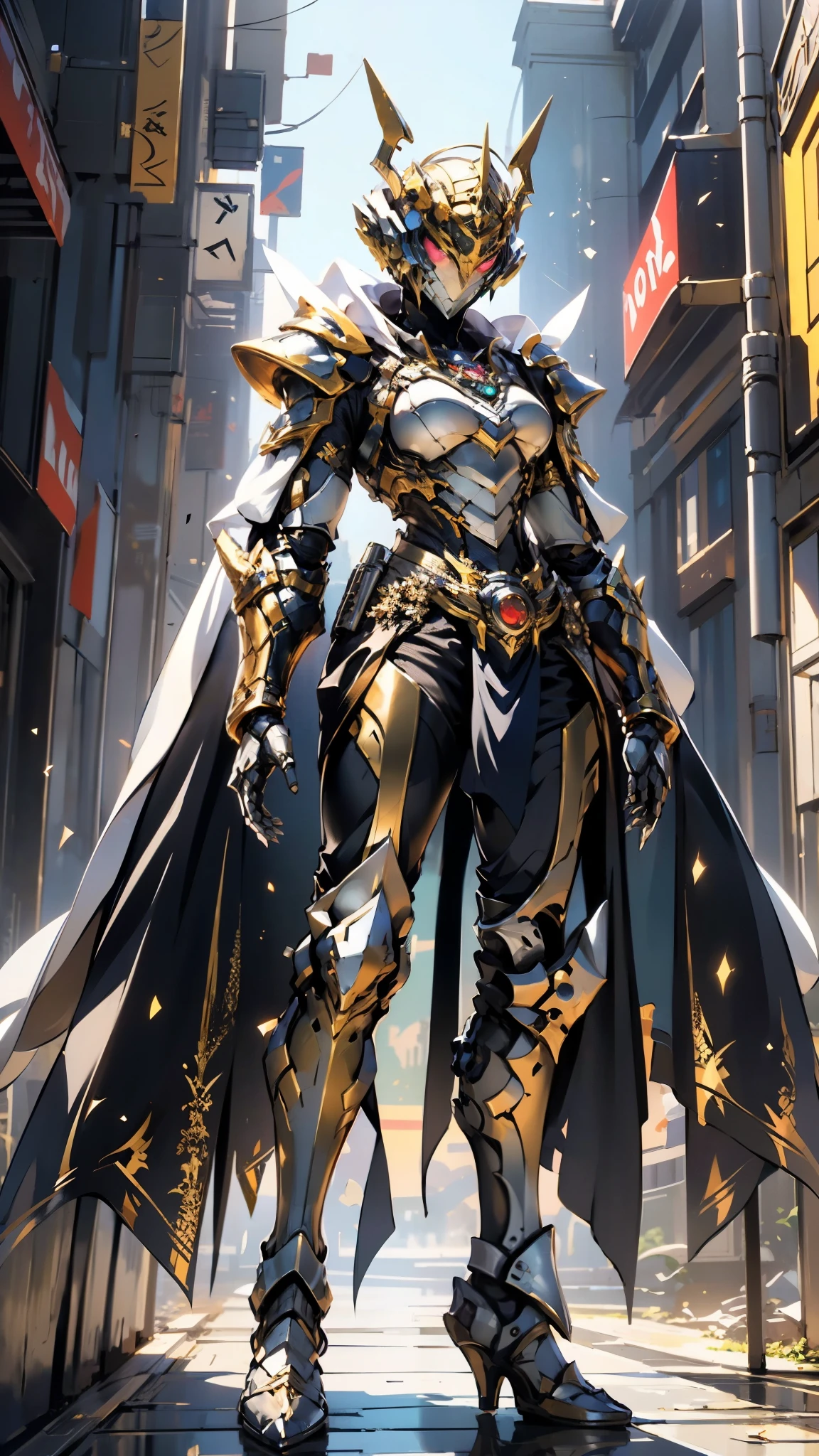 A woman adorned in fantasy-style full-body armor, a crown-concept fully enclosed helmet that unveils only her eyes, a composite layered chest plate, fully encompassing shoulder and hand guards, a lightweight waist armor, form-fitting shin guards, the overall design is heavy-duty yet flexible, (the armor gleams with a golden glow, complemented by red and blue accents), exhibiting a noble aura, she floats above a fantasy-surreal high-tech city, this character embodies a finely crafted fantasy-surreal style armored hero in anime style, exquisite and mature manga art style, (mixture of Queen bee and Spider concept Armor, plasma), ((Element, elegant, goddess, femminine:1.5)), metallic, high definition, best quality, highres, ultra-detailed, ultra-fine painting, extremely delicate, professional, anatomically correct, symmetrical face, extremely detailed eyes and face, high quality eyes, creativity, RAW photo, UHD, 32k, Natural light, cinematic lighting, masterpiece-anatomy-perfect, masterpiece:1.5