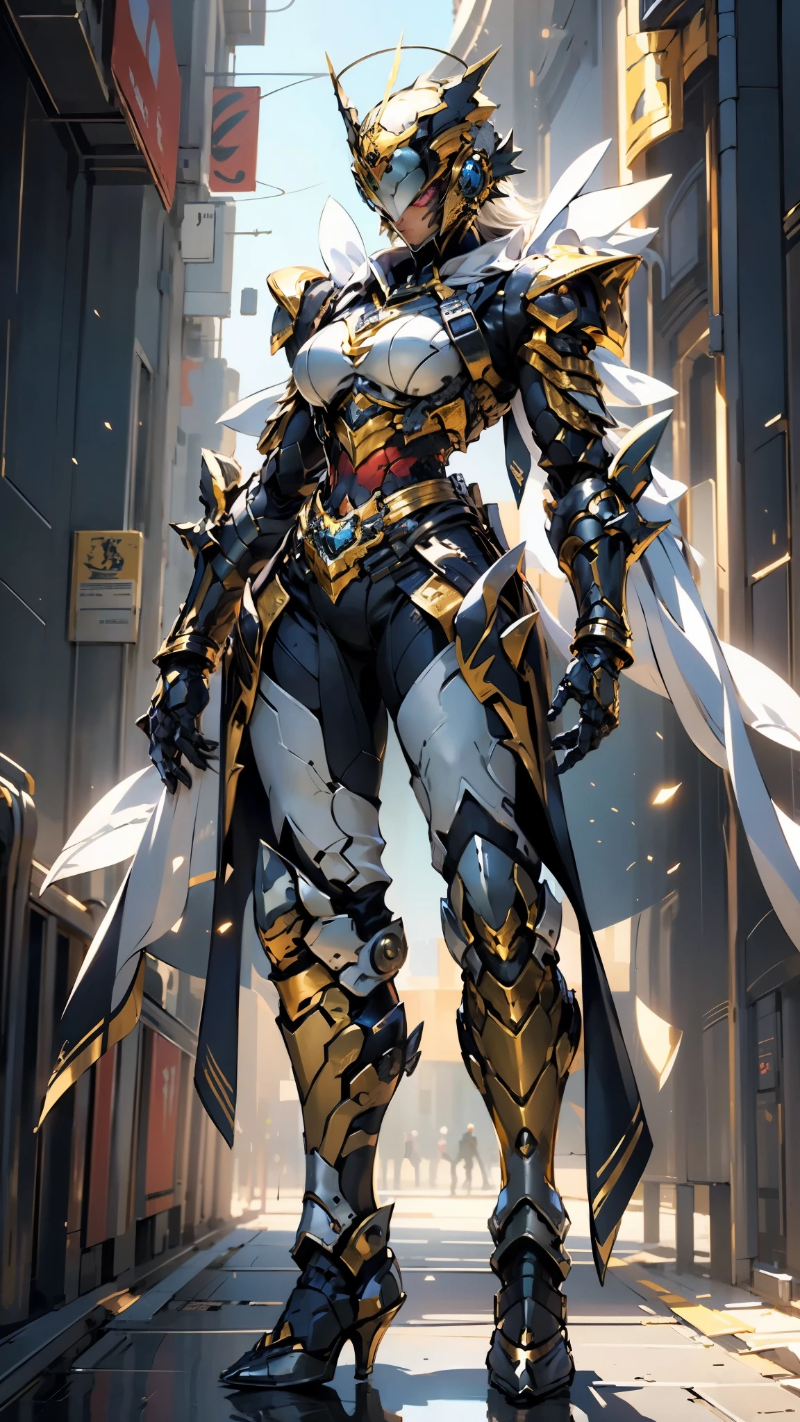 A woman adorned in fantasy-style full-body armor, a crown-concept fully enclosed helmet that unveils only her eyes, a composite layered chest plate, fully encompassing shoulder and hand guards, a lightweight waist armor, form-fitting shin guards, the overall design is heavy-duty yet flexible, (the armor gleams with a golden glow, complemented by red and blue accents), exhibiting a noble aura, she floats above a fantasy-surreal high-tech city, this character embodies a finely crafted fantasy-surreal style armored hero in anime style, exquisite and mature manga art style, (mixture of Queen bee and Spider concept Armor, plasma), ((Element, elegant, goddess, femminine:1.5)), metallic, high definition, best quality, highres, ultra-detailed, ultra-fine painting, extremely delicate, professional, anatomically correct, symmetrical face, extremely detailed eyes and face, high quality eyes, creativity, RAW photo, UHD, 32k, Natural light, cinematic lighting, masterpiece-anatomy-perfect, masterpiece:1.5