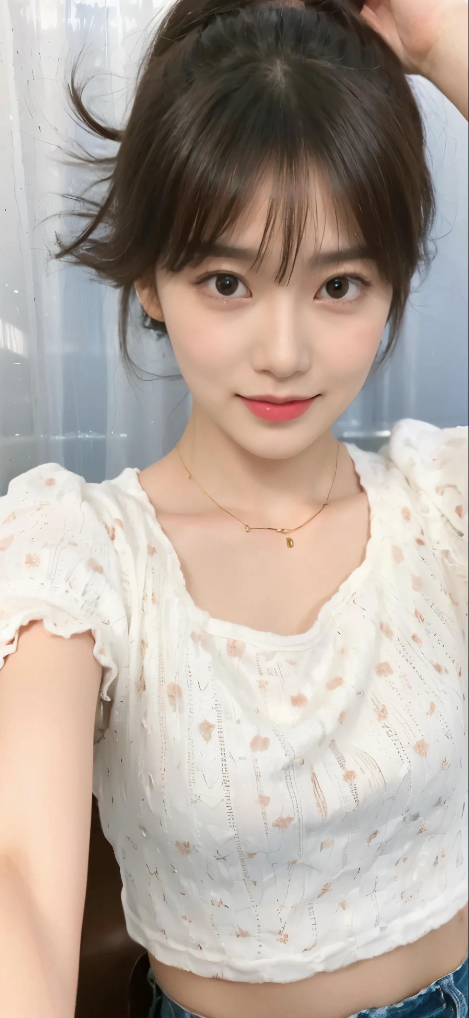 ((​Masterpiece, Top image quality, high resolution、alone、skin shiny))(on the table, best quality, actual, super detailed, meticulous, high resolution, 8k wallpaper), Close-up portrait of a beautiful woman, like, smiling, light brown messy hair, Perfect dynamic composition, 美丽meticulous的眼睛, Just like the cover of a fashion magazine, on campus，wearing gold glasses