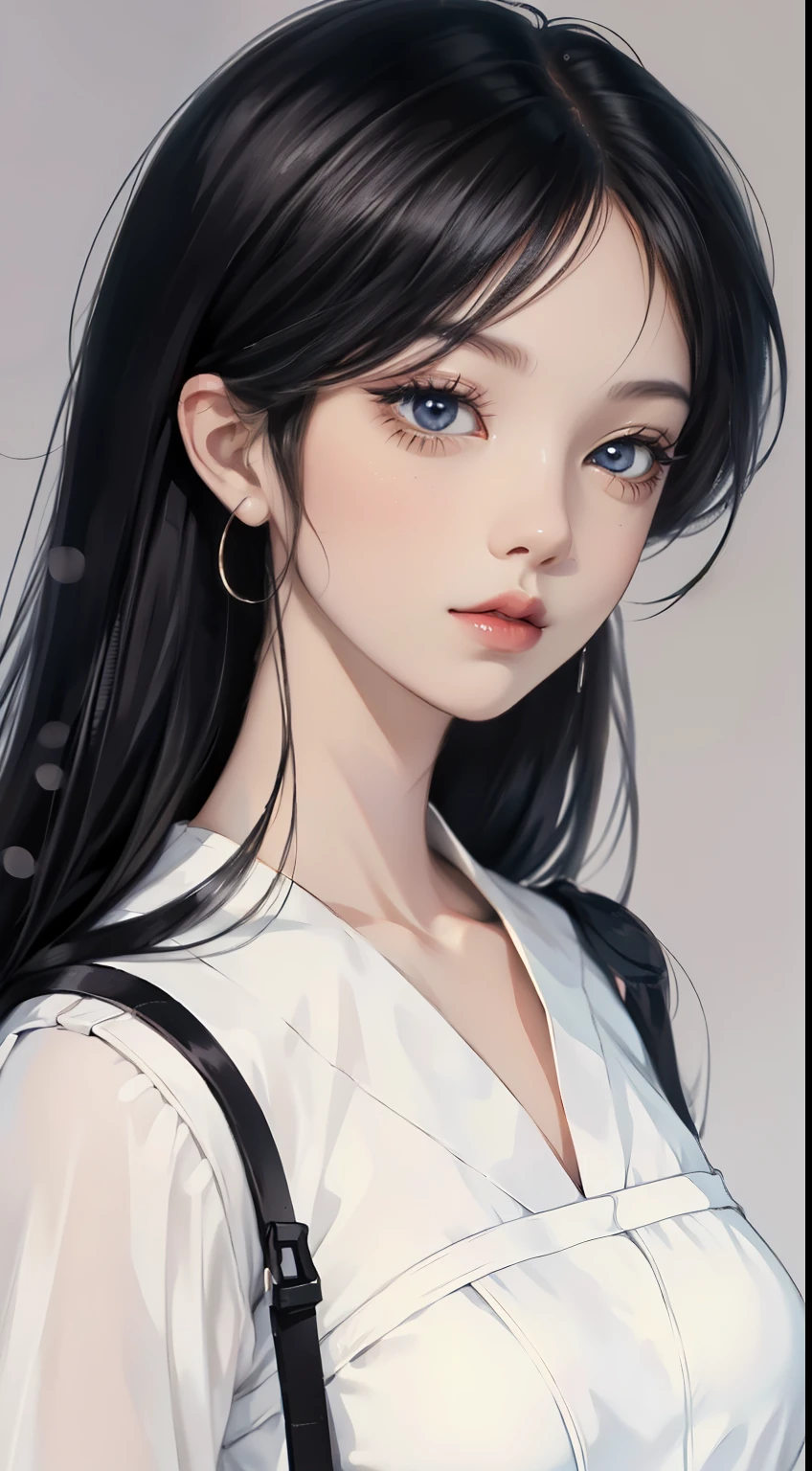 Anime girl, black hair, Beautiful character painting, white dress, Stunning anime face portrait, simple background