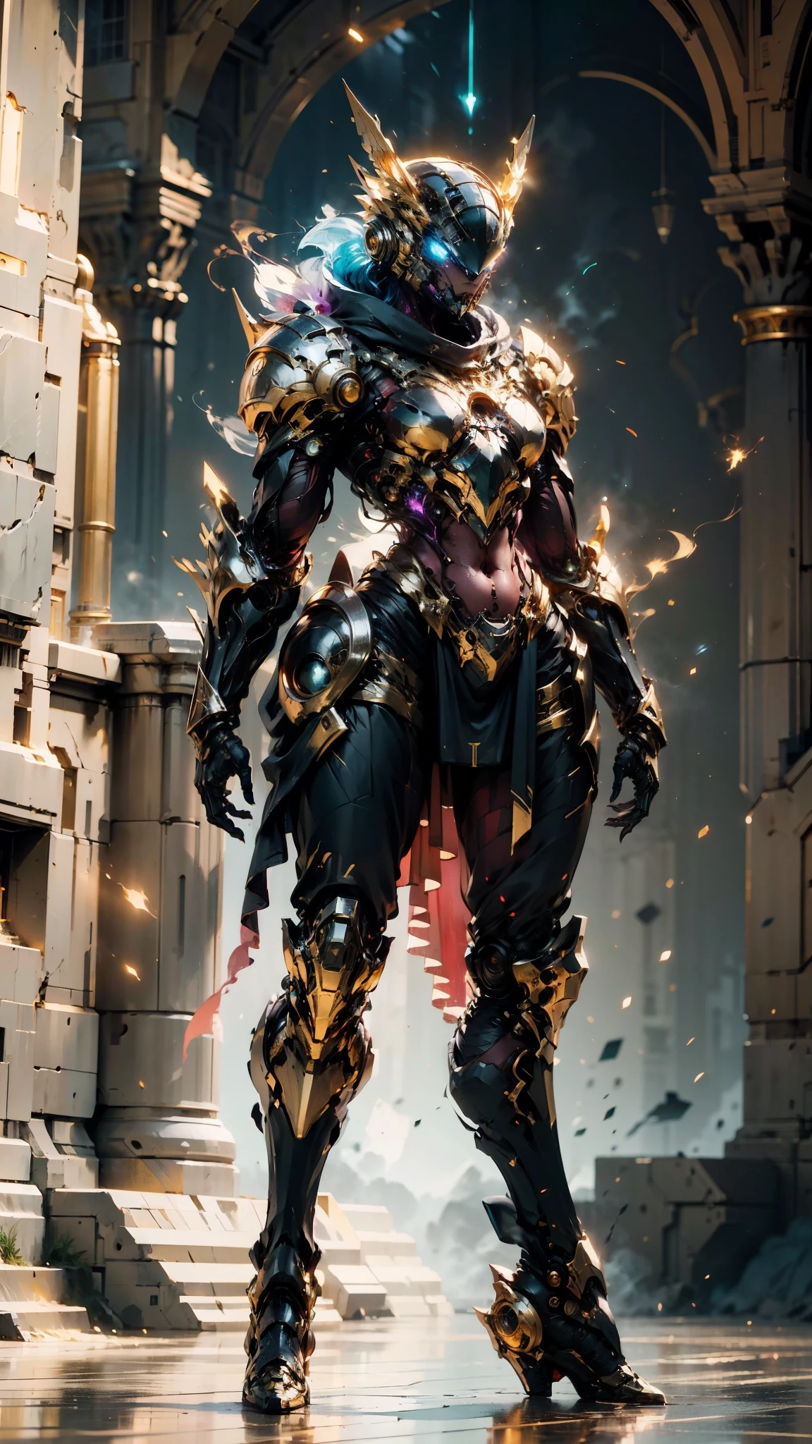 A woman adorned in fantasy-style full-body armor, a crown-concept fully enclosed helmet that unveils only her eyes, a composite layered chest plate, fully encompassing shoulder and hand guards, a lightweight waist armor, form-fitting shin guards, the overall design is heavy-duty yet flexible, (the armor gleams with a golden glow, complemented by red and blue accents), exhibiting a noble aura, she floats above a fantasy-surreal high-tech city, this character embodies a finely crafted fantasy-surreal style armored hero in anime style, exquisite and mature manga art style, (mixture of Queen bee and Spider concept Armor, plasma), ((Element, elegant, goddess, femminine:1.5)), metallic, high definition, best quality, highres, ultra-detailed, ultra-fine painting, extremely delicate, professional, anatomically correct, symmetrical face, extremely detailed eyes and face, high quality eyes, creativity, RAW photo, UHD, 32k, Natural light, cinematic lighting, masterpiece-anatomy-perfect, masterpiece:1.5
