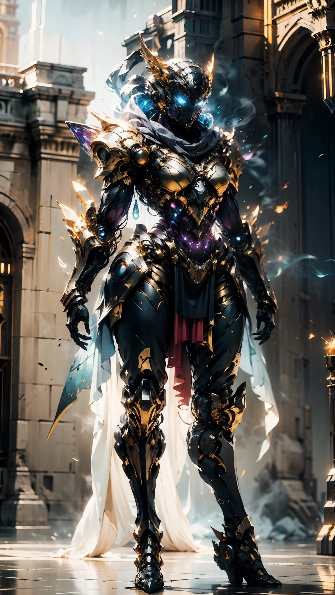 A woman adorned in fantasy-style full-body armor, a crown-concept fully enclosed helmet that unveils only her eyes, a composite layered chest plate, fully encompassing shoulder and hand guards, a lightweight waist armor, form-fitting shin guards, the overall design is heavy-duty yet flexible, (the armor gleams with a golden glow, complemented by red and blue accents), exhibiting a noble aura, she floats above a fantasy-surreal high-tech city, this character embodies a finely crafted fantasy-surreal style armored hero in anime style, exquisite and mature manga art style, (mixture of Queen bee and Spider concept Armor, plasma), ((Element, elegant, goddess, femminine:1.5)), metallic, high definition, best quality, highres, ultra-detailed, ultra-fine painting, extremely delicate, professional, anatomically correct, symmetrical face, extremely detailed eyes and face, high quality eyes, creativity, RAW photo, UHD, 32k, Natural light, cinematic lighting, masterpiece-anatomy-perfect, masterpiece:1.5