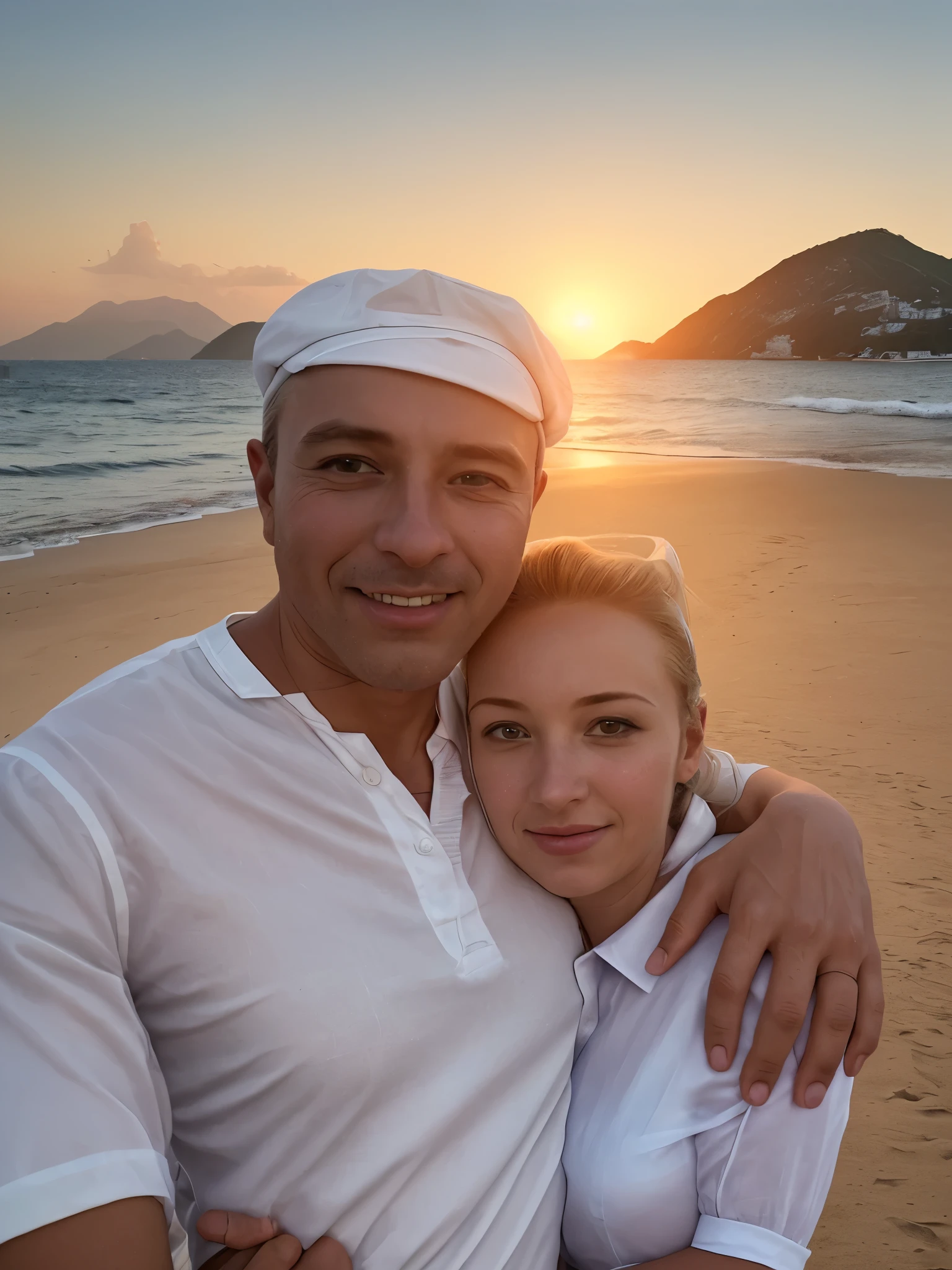 Man and woman in white shirts, against the backdrop of the sea, mountains and gentle sunset