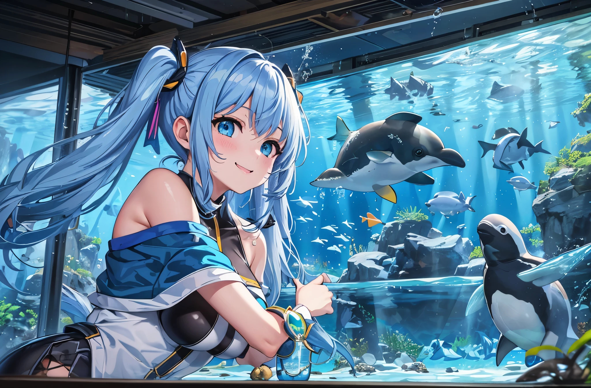 teens girl、light blue long-haired、sitting with knees arised、Hollow eyes、3 golden hair ornaments、Thigh exposure、bare-legged、One leg is a machine、Sitting inside a rusty mechanical ball floating in water、Shining light blue、Blue school swimsuit、crouch down and sleep、sleepy
