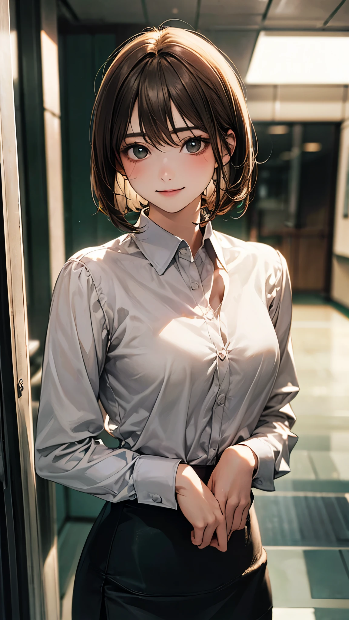 (masterpiece:1.2, top-quality), (realistic, photorealistic:1.4), beautiful illustration, (natural side lighting, movie lighting), 
looking at viewer, (face focus, upper body), 1 girl, japanese, , perfect face, perfect body, cute and symmetrical face, shiny skin, babyface, 
(t hair, bob cut, long sideburns, light brown hair), hair between eyes, emerald green eyes, (middle breasts), slender, 
beautiful hair, beautiful face, beautiful detailed eyes, beautiful clavicle, beautiful body, beautiful chest, beautiful thigh, beautiful legs, beautiful fingers, 
((black business jacket, close clothes, white collared shirt, black tight skirt)), 
(beautiful scenery), evening, (office hallway), standing, (lovely smile, upper eyes),