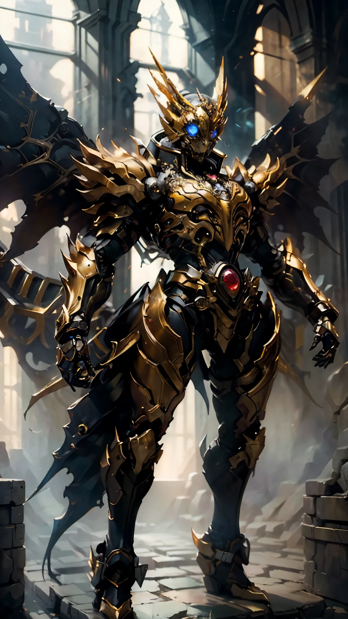 A woman adorned in fantasy-style full-body armor, a crown-concept fully enclosed helmet that unveils only her eyes, a composite layered ????? plate, fully encompassing shoulder and hand guards, a lightweight waist armor, form-fitting shin guards, the overall design is heavy-duty yet flexible, (the armor gleams with a golden glow, complemented by red and blue accents), exhibiting a noble aura, she floats above a fantasy-surreal high-tech city, this character embodies a finely crafted fantasy-surreal style armored hero in anime style, exquisite and mature manga art style, (mixture of Queen bee and Spider concept Armor, plasma), ((Element, elegant, goddess, femminine:1.5)), metallic, high definition, best quality, highres, ultra-detailed, ultra-fine painting, extremely delicate, professional, anatomically correct, symmetrical face, extremely detailed eyes and face, high quality eyes, creativity, RAW photo, UHD, 32k, Natural light, cinematic lighting, masterpiece-???????-perfect, masterpiece:1.5