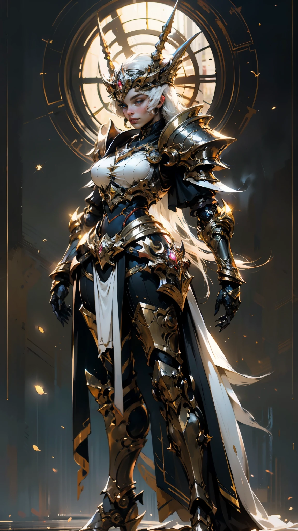 A woman adorned in fantasy-style full-body armor, a crown-concept fully enclosed helmet that unveils only her eyes, a composite layered chest plate, fully encompassing shoulder and hand guards, a lightweight waist armor, form-fitting shin guards, the overall design is heavy-duty yet flexible, (the armor gleams with a golden glow, complemented by red and blue accents), exhibiting a noble aura, she floats above a fantasy-surreal high-tech city, this character embodies a finely crafted fantasy-surreal style armored hero in anime style, exquisite and mature manga art style, (mixture of Queen bee and Spider concept Armor, plasma), ((Element, elegant, goddess, femminine:1.5)), metallic, high definition, best quality, highres, ultra-detailed, ultra-fine painting, extremely delicate, professional, anatomically correct, symmetrical face, extremely detailed eyes and face, high quality eyes, creativity, RAW photo, UHD, 32k, Natural light, cinematic lighting, masterpiece-anatomy-perfect, masterpiece:1.5