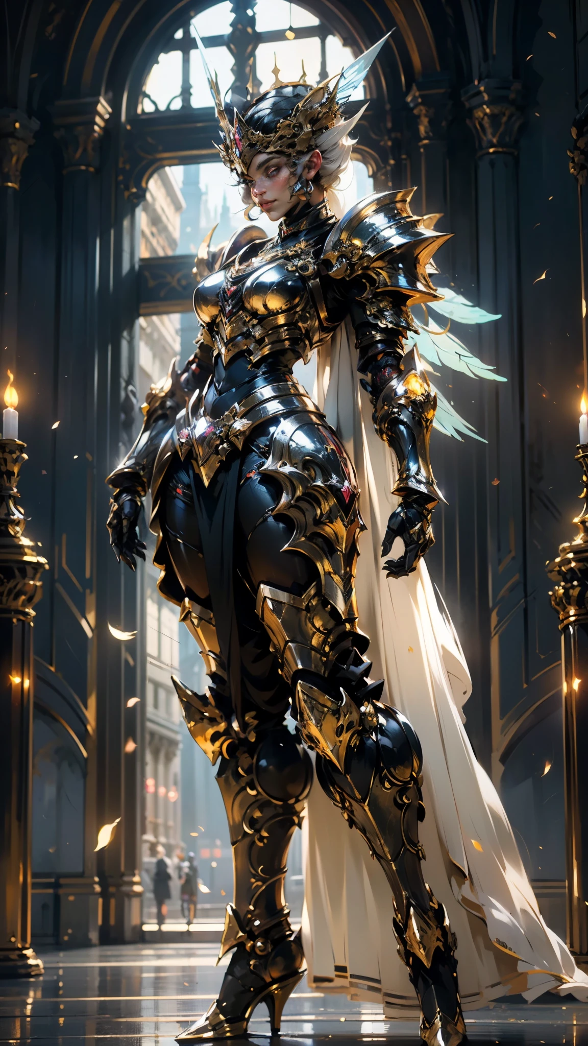 A woman adorned in fantasy-style full-body armor, a crown-concept fully enclosed helmet that unveils only her eyes, a composite layered chest plate, fully encompassing shoulder and hand guards, a lightweight waist armor, form-fitting shin guards, the overall design is heavy-duty yet flexible, (the armor gleams with a golden glow, complemented by red and blue accents), exhibiting a noble aura, she floats above a fantasy-surreal high-tech city, this character embodies a finely crafted fantasy-surreal style armored hero in anime style, exquisite and mature manga art style, (mixture of Queen bee and Spider concept Armor, plasma), ((Element, elegant, goddess, femminine:1.5)), metallic, high definition, best quality, highres, ultra-detailed, ultra-fine painting, extremely delicate, professional, anatomically correct, symmetrical face, extremely detailed eyes and face, high quality eyes, creativity, RAW photo, UHD, 32k, Natural light, cinematic lighting, masterpiece-anatomy-perfect, masterpiece:1.5