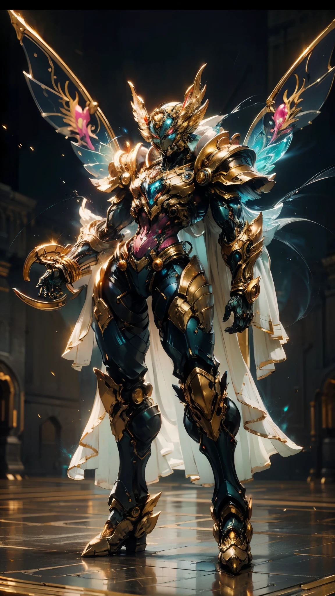 A woman adorned in fantasy-style full-body armor, a crown-concept fully enclosed helmet that unveils only her eyes, a composite layered chest plate, fully encompassing shoulder and hand guards, a lightweight waist armor, form-fitting shin guards, the overall design is heavy-duty yet flexible, (the armor gleams with a golden glow, complemented by red and blue accents), exhibiting a noble aura, she floats above a fantasy-surreal high-tech city, this character embodies a finely crafted fantasy-surreal style armored hero in anime style, exquisite and mature manga art style, (mixture of Queen bee and Spider concept Armor, plasma), ((Element, elegant, goddess, femminine:1.5)), metallic, high definition, best quality, highres, ultra-detailed, ultra-fine painting, extremely delicate, professional, anatomically correct, symmetrical face, extremely detailed eyes and face, high quality eyes, creativity, RAW photo, UHD, 32k, Natural light, cinematic lighting, masterpiece-anatomy-perfect, masterpiece:1.5