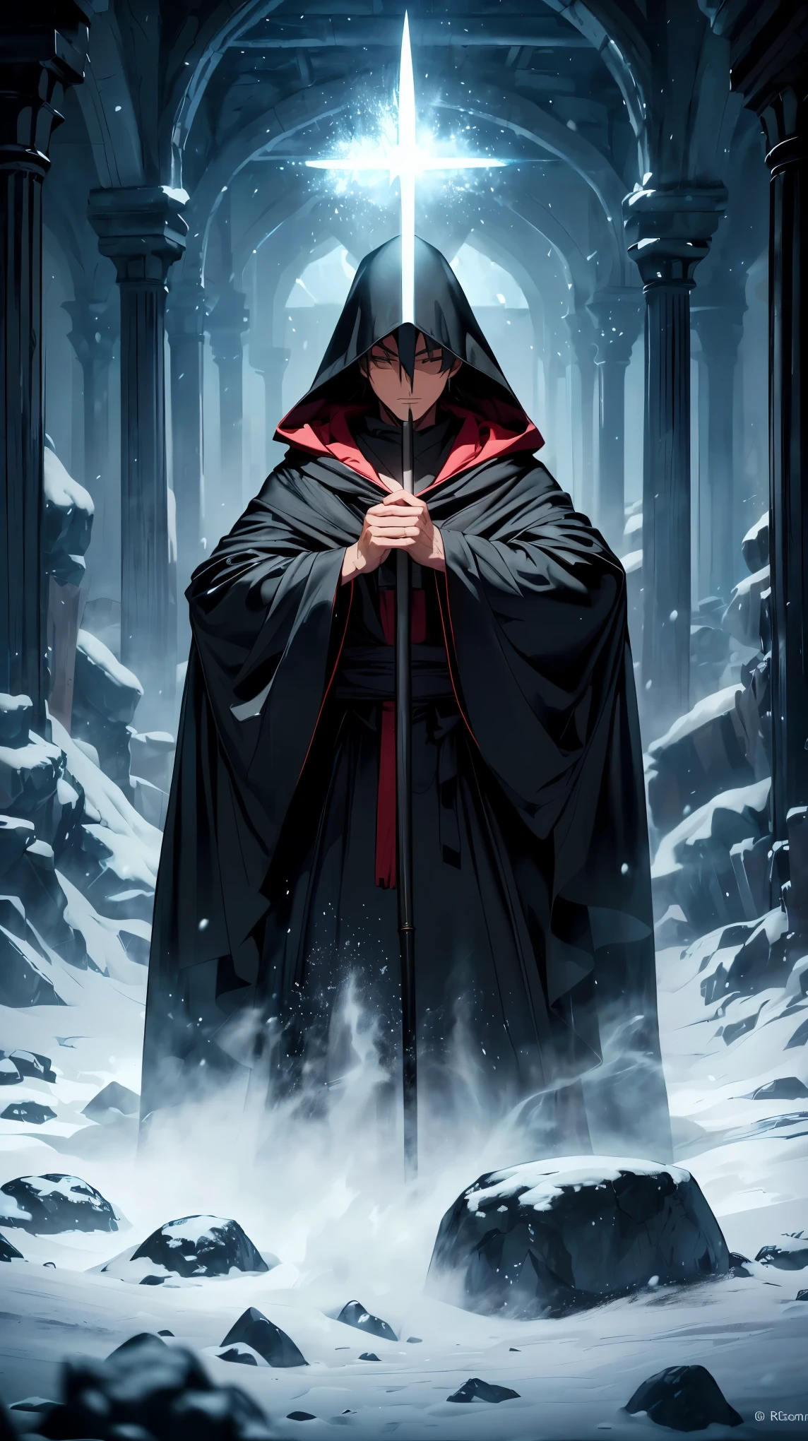 (8K, RAW photo, 最high quality, masterpiece:1.2), High-definition RAW color photo, Professional photo shoot, cinematic light, RPG design, dark fantasy graphics, Humanoid monsters, 上級wizard, ((full body shot)), alone, (Man in a robe), magic robe and wand, I can't see your face because it's hidden by the hood, ((black robe:1.2, Brandish a magic wand:1.2, Activate magic, magic light, super low temperature blizzard, Snow created by magic falls, wizard)), level 7 mage, fantasy art, ((Underground dungeon background, stone dungeon)), dim lighting, film grain, background bokeh, high quality, surreal, ((very detailed, photo shoot)),