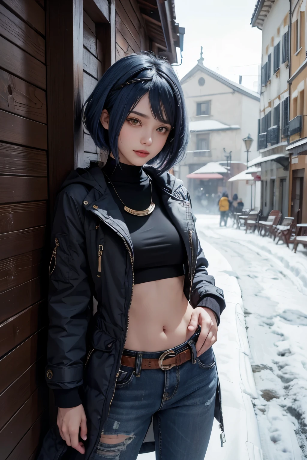 long sleeved puffer parka, long jeans, belt, ((midriff, navel)), looking at viewer, old italian town, snow , smile, ((cinematic lighting, masterpiece, anatomically correct, detailed textured skin, high details, highres, HD, 4K, 8k)), (kujou sara:1.3), (mask on head, blue hair, short hair, yellow eyes)