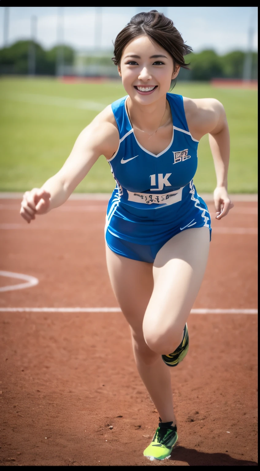 (masutepiece:1.3), (8K, Photorealistic, Raw photography, Best Quality: 1.4), japanse, Beautiful face, (Lifelike face), (Short-cut hair:1.3), Realistic eyes, Beautiful eyes, (realskin), Beautiful skin, Ultra high definition, Hyper-realistic, hight resolution, Beautiful Japan Woman、、(athletic field、Land Track:1.5)、track and field、(sexypose:1.4)、(full body Esbian:1.2)、a smile