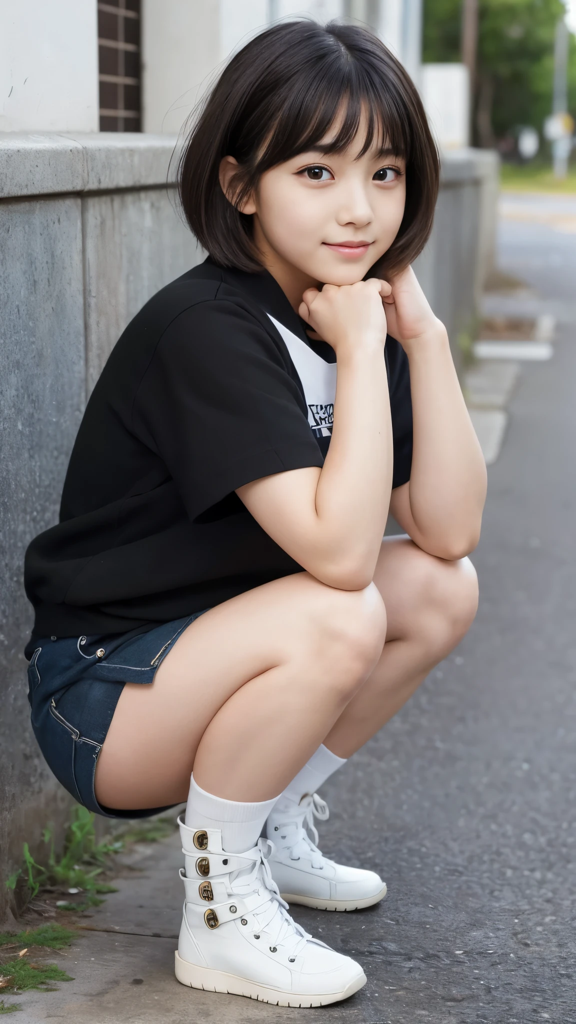 Best-quality, Masterpiece, Ultra-High-Resolution, (Photorealistic:1.4), Raw-Photo, 1girl, solo, 12-years-old, the most famous Japanese idol, ((squatting, opinion legs):1.5), innocent smile, (extremely cute face like the most popular Japanese idol, (((extremely beautiful big-black-eyes))), extremely beautiful black-short-cut-haired), extremely beautiful long-eyelashes, extremely beautiful lips, extremely beautiful skins, perfect-proportion, extremely beautiful thighs