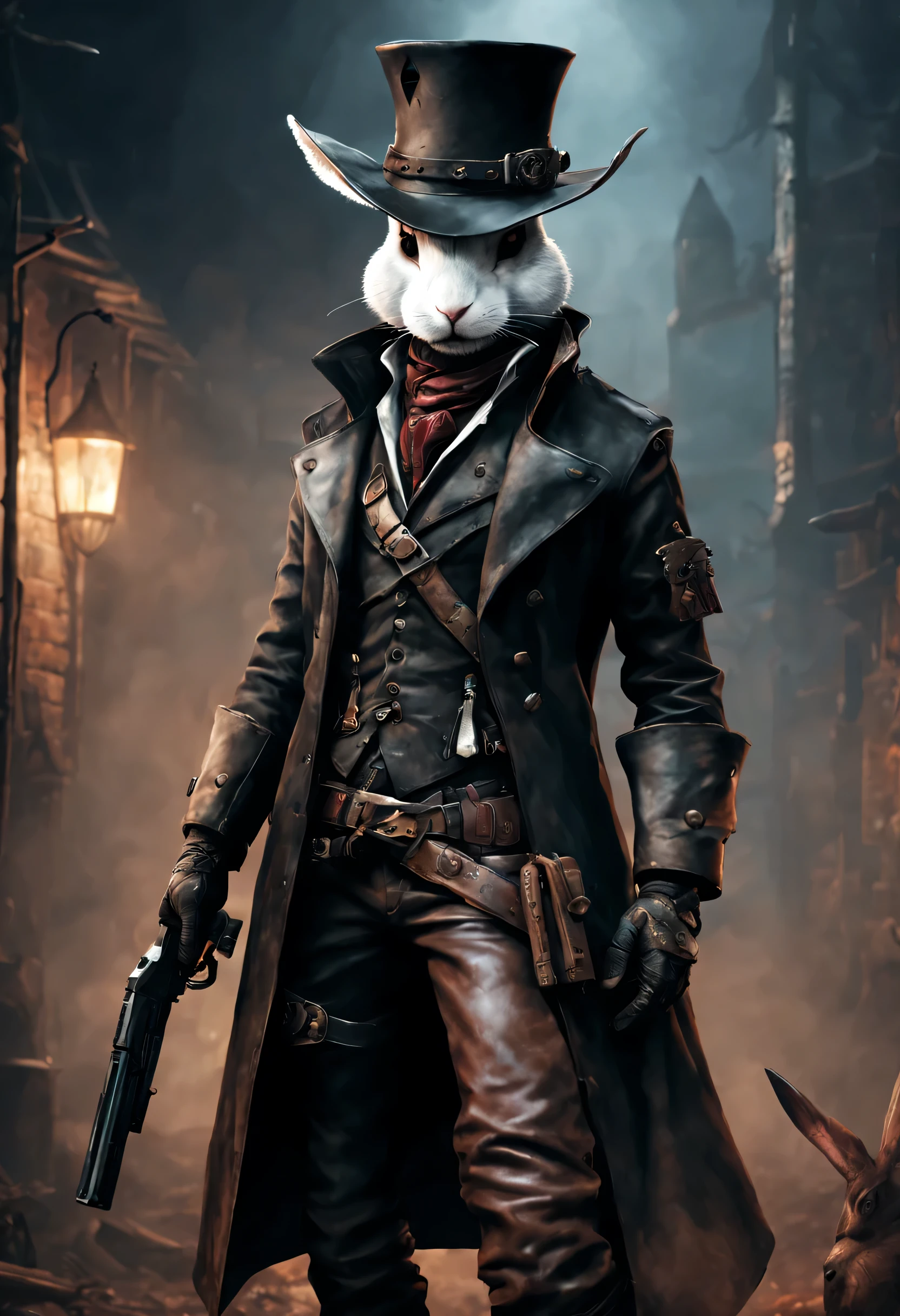 Photo by Alfid Rabbit,He wears a gun in his hat,leather pant, Bloodborne portraits, After - the apocalyptic cowboy violent bunny, dark fantasy character design, Stylized urban fantasy artwork, Powerful violent bunny, the plague doctor, Portrait of the Old Necromancer Mage, trends in art station, cyberpunk wild west, grimdark steampunk fantasy, Rabbit Gunner