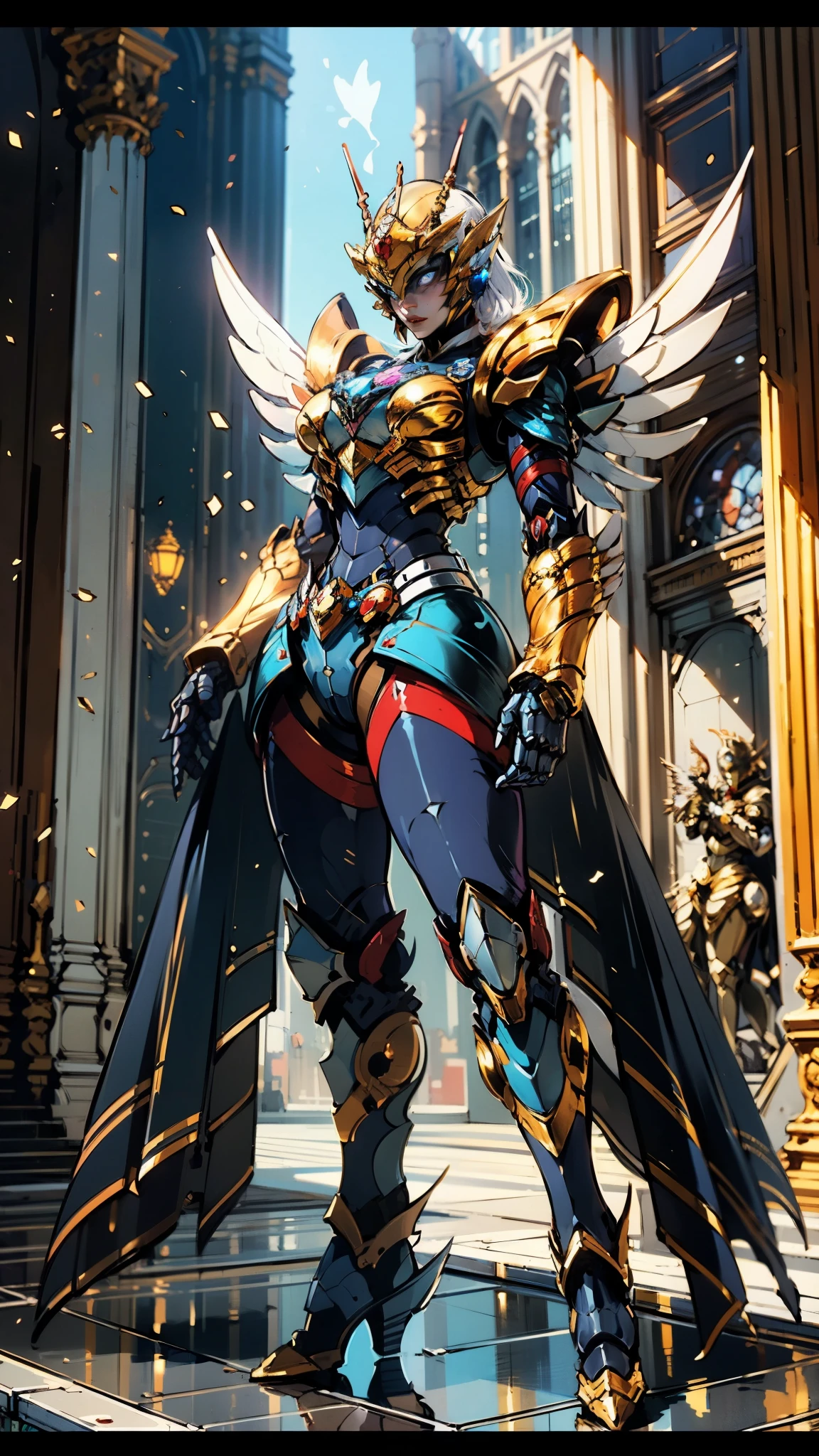 A woman adorned in fantasy-style full-body armor, a crown-concept fully enclosed helmet that unveils only her eyes, a composite layered chest plate, fully encompassing shoulder and hand guards, a lightweight waist armor, form-fitting shin guards, the overall design is heavy-duty yet flexible, (the armor gleams with a golden glow, complemented by red and blue accents), exhibiting a noble aura, she floats above a fantasy-surreal high-tech city, this character embodies a finely crafted fantasy-surreal style armored hero in anime style, exquisite and mature manga art style, (mixture of Queen bee and Spider concept Armor, plasma), ((Element, elegant, goddess, femminine:1.5)), metallic, high definition, best quality, highres, ultra-detailed, ultra-fine painting, extremely delicate, professional, anatomically correct, symmetrical face, extremely detailed eyes and face, high quality eyes, creativity, RAW photo, UHD, 32k, Natural light, cinematic lighting, masterpiece-anatomy-perfect, masterpiece:1.5
