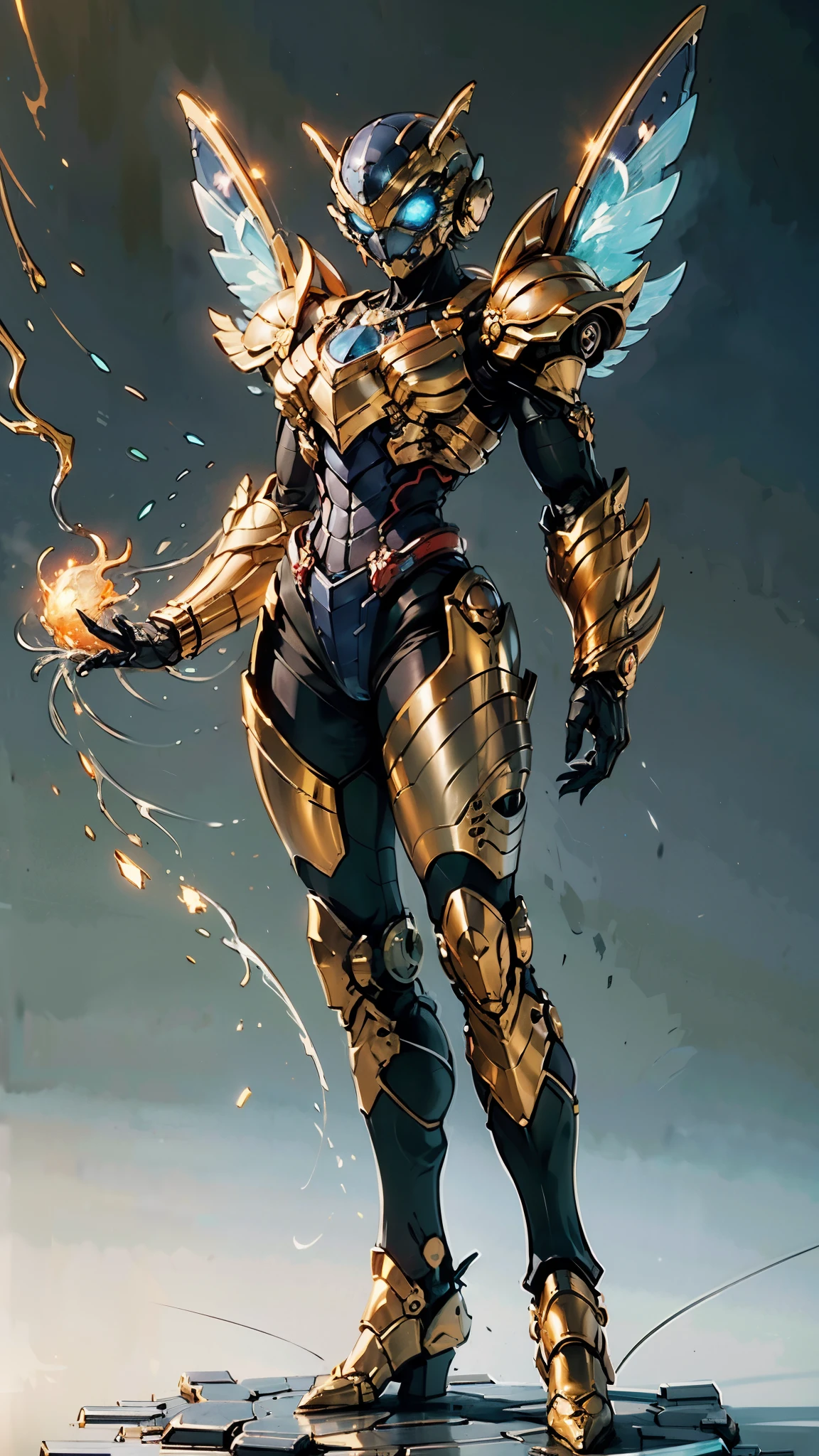 A woman adorned in fantasy-style full-body armor, a crown-concept fully enclosed helmet that unveils only her eyes, a composite layered chest plate, fully encompassing shoulder and hand guards, a lightweight waist armor, form-fitting shin guards, the overall design is heavy-duty yet flexible, (the armor gleams with a golden glow, complemented by red and blue accents), exhibiting a noble aura, she floats above a fantasy-surreal high-tech city, this character embodies a finely crafted fantasy-surreal style armored hero in anime style, exquisite and mature manga art style, (mixture of Queen bee and Spider concept Armor, plasma), ((Element, elegant, goddess, femminine:1.5)), metallic, high definition, best quality, highres, ultra-detailed, ultra-fine painting, extremely delicate, professional, anatomically correct, symmetrical face, extremely detailed eyes and face, high quality eyes, creativity, RAW photo, UHD, 32k, Natural light, cinematic lighting, masterpiece-anatomy-perfect, masterpiece:1.5