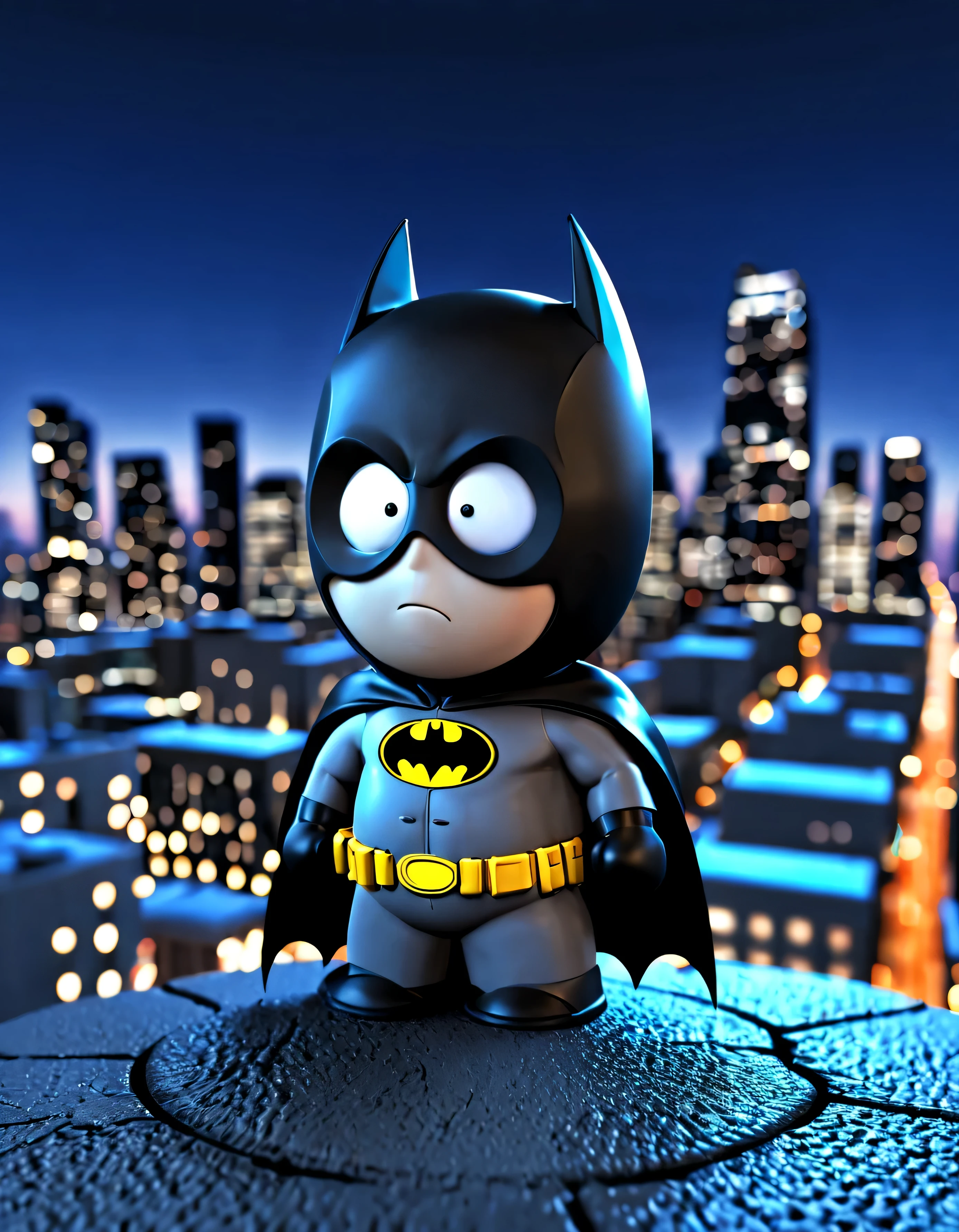 kenny as Batman, city background, nighttime, highres, detailed, high saturation