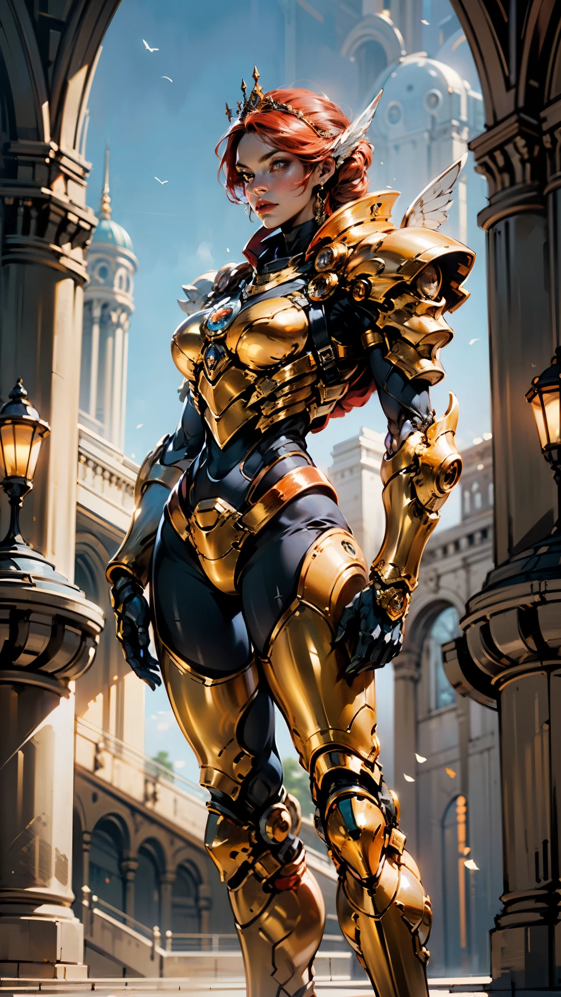 A woman adorned in fantasy-style full-body armor, a crown-concept fully enclosed helmet that unveils only her eyes, a composite layered chest plate, fully encompassing shoulder and hand guards, a lightweight waist armor, form-fitting shin guards, the overall design is heavy-duty yet flexible, (the armor gleams with a golden glow, complemented by red and blue accents), exhibiting a noble aura, she floats above a fantasy-surreal high-tech city, this character embodies a finely crafted fantasy-surreal style armored hero in anime style, exquisite and mature manga art style, (mixture of Queen bee and Spider concept Armor, plasma), ((Element, elegant, goddess, femminine:1.5)), metallic, high definition, best quality, highres, ultra-detailed, ultra-fine painting, extremely delicate, professional, anatomically correct, symmetrical face, extremely detailed eyes and face, high quality eyes, creativity, RAW photo, UHD, 32k, Natural light, cinematic lighting, masterpiece-anatomy-perfect, masterpiece:1.5