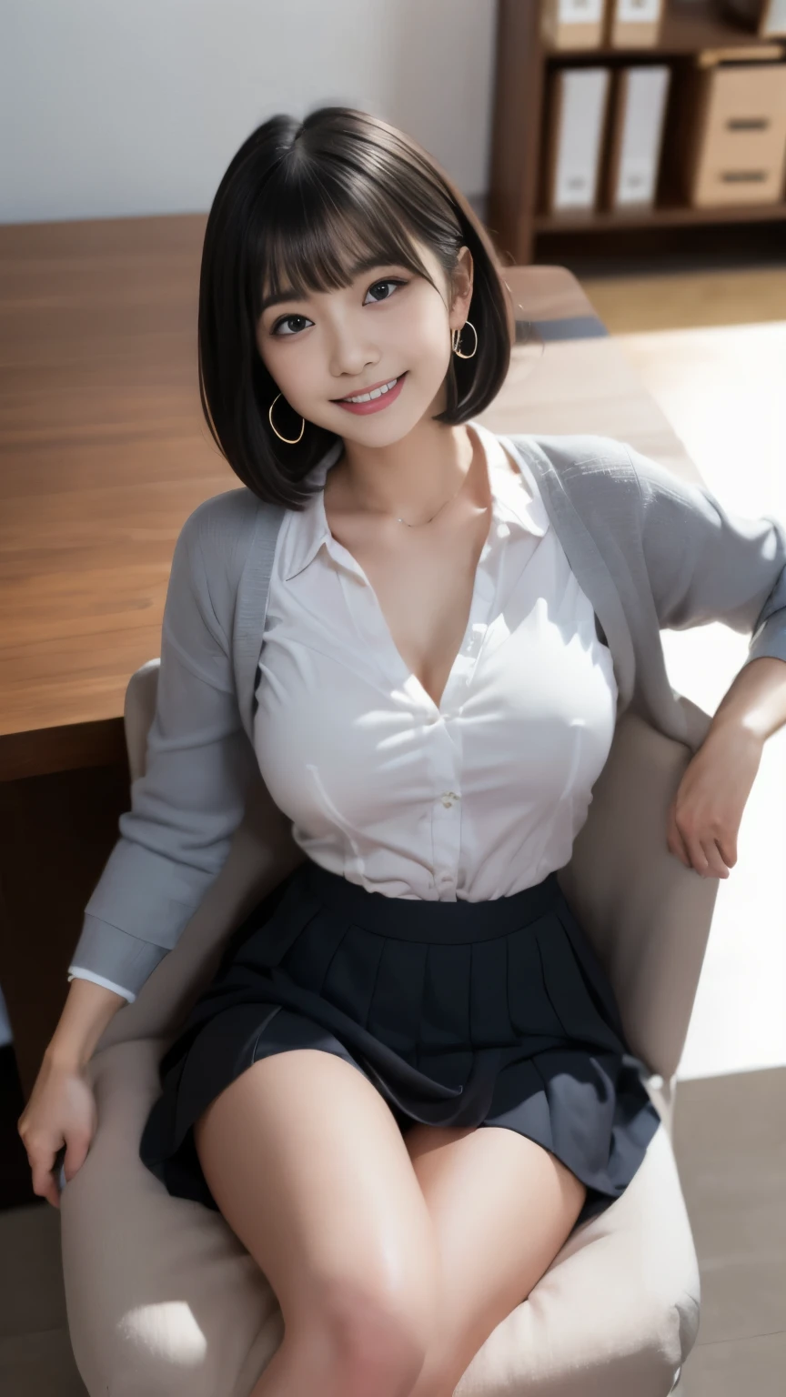 (Surrealism, RAW photo, Nikon, 8k, super detail, masterpiece, intricate details, realistic lighting),
(anatomically correct, very accurate human body, highly detailed face, realistic skin, realistic),
(, Japanese girl, slim waist and busty body, Slender long legs, large breast, baby face, ate cute, surreal woman),
(round face, black hair, short bob cut, bangs, Down-slating eyebrows, Moist eyes, one little earring, light blush),
((standing in office, raise one leg on chair, show inner thighs)),
(smile, look at viewer:1.3),
((secretary cos, Long slit in the skirt, shirt, cardigan, jacket)),
(Office of a large company, many office workers background),
Natural lighting, full length, whole body,