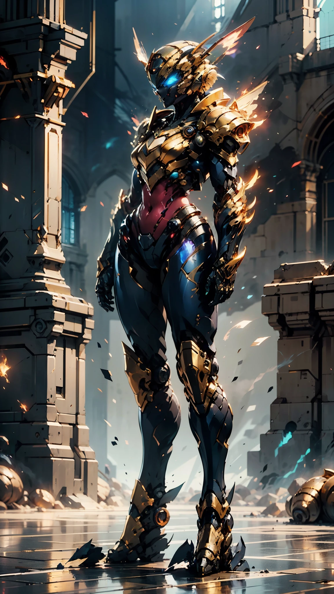 A woman adorned in fantasy-style full-body armor, a crown-concept fully enclosed helmet that unveils only her eyes, a composite layered chest plate, fully encompassing shoulder and hand guards, a lightweight waist armor, form-fitting shin guards, the overall design is heavy-duty yet flexible, (the armor gleams with a golden glow, complemented by red and blue accents), exhibiting a noble aura, she floats above a fantasy-surreal high-tech city, this character embodies a finely crafted fantasy-surreal style armored hero in anime style, exquisite and mature manga art style, (mixture of Queen bee and Spider concept Armor, plasma), ((Element, elegant, goddess, femminine:1.5)), metallic, high definition, best quality, highres, ultra-detailed, ultra-fine painting, extremely delicate, professional, anatomically correct, symmetrical face, extremely detailed eyes and face, high quality eyes, creativity, RAW photo, UHD, 32k, Natural light, cinematic lighting, masterpiece-anatomy-perfect, masterpiece:1.5